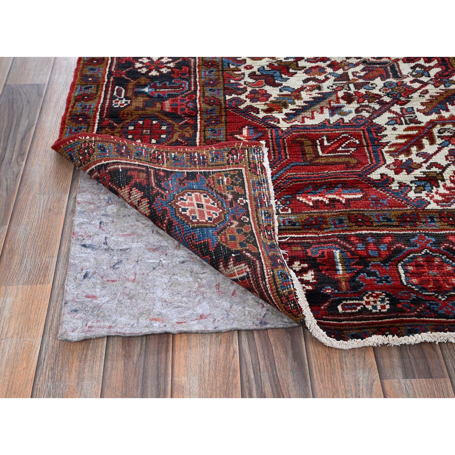 7'3"x9'5" Auburn Red, Vintage Persian Heriz with Geometric Medallion Design, 100% Wool, Hand Knotted, Shaved Down, Excellent Condition, Sides and Ends Professionally Secured, Oriental Rug Sh254