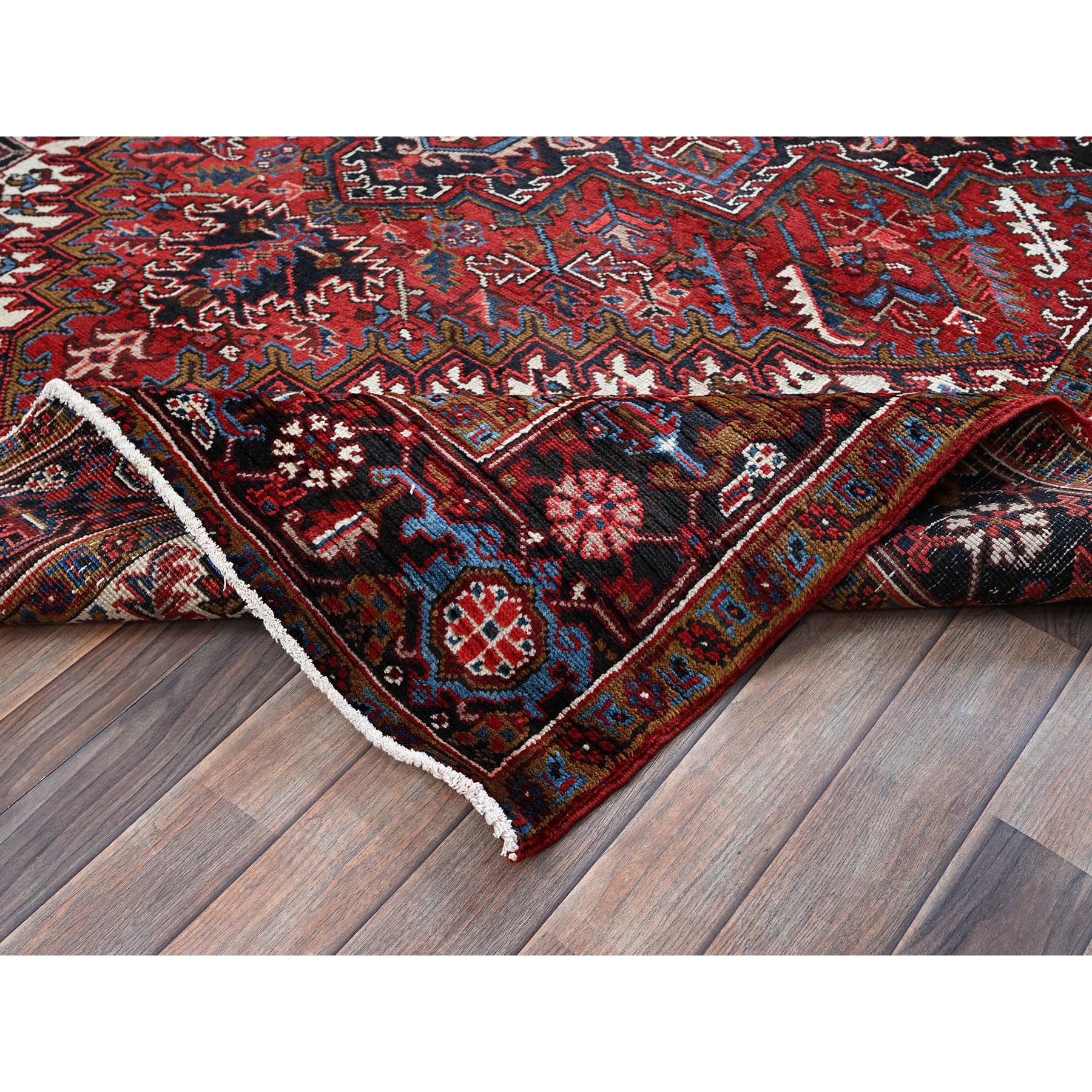 7'3"x9'5" Auburn Red, Vintage Persian Heriz with Geometric Medallion Design, 100% Wool, Hand Knotted, Shaved Down, Excellent Condition, Sides and Ends Professionally Secured, Oriental Rug Sh254