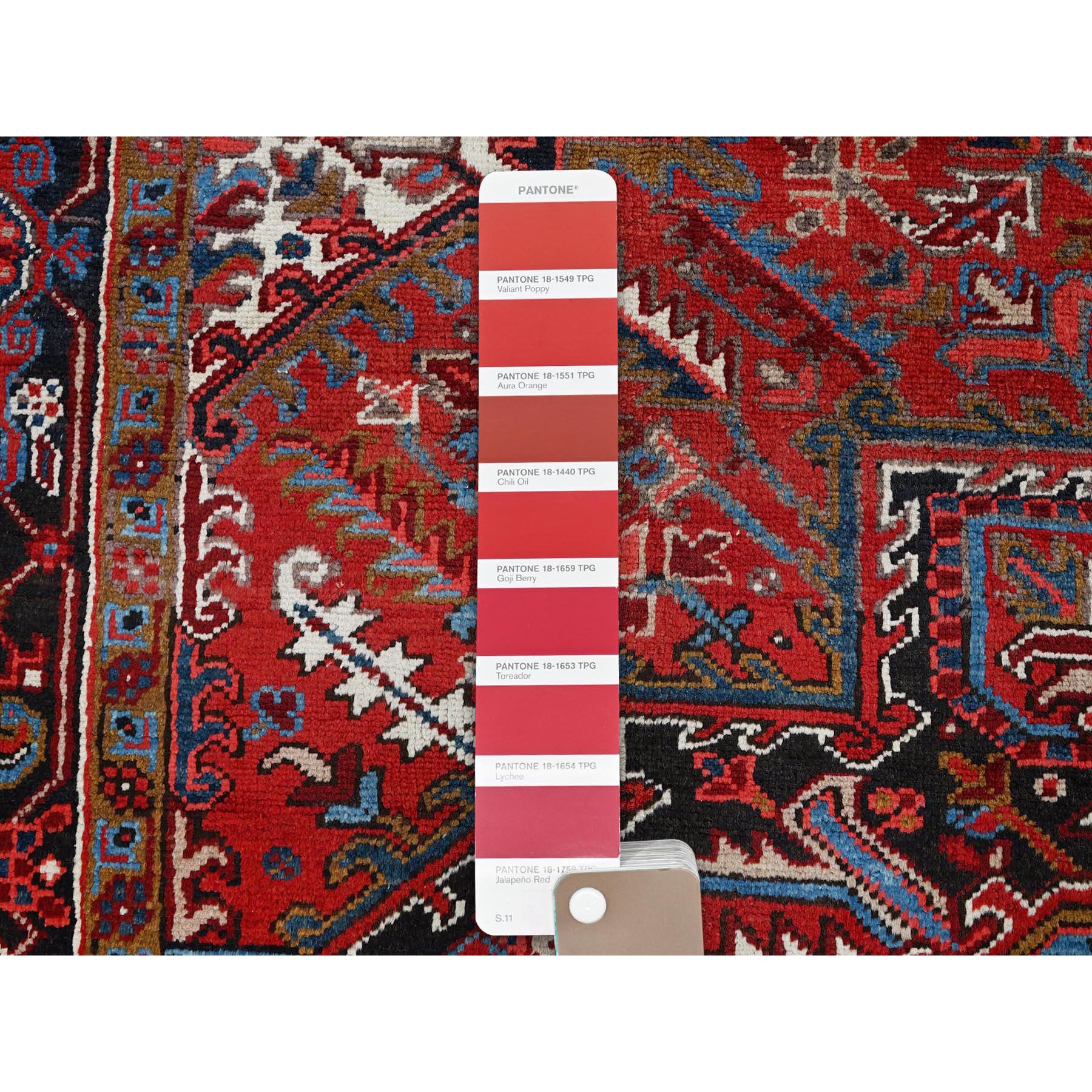 7'3"x9'5" Auburn Red, Vintage Persian Heriz with Geometric Medallion Design, 100% Wool, Hand Knotted, Shaved Down, Excellent Condition, Sides and Ends Professionally Secured, Oriental Rug Sh254