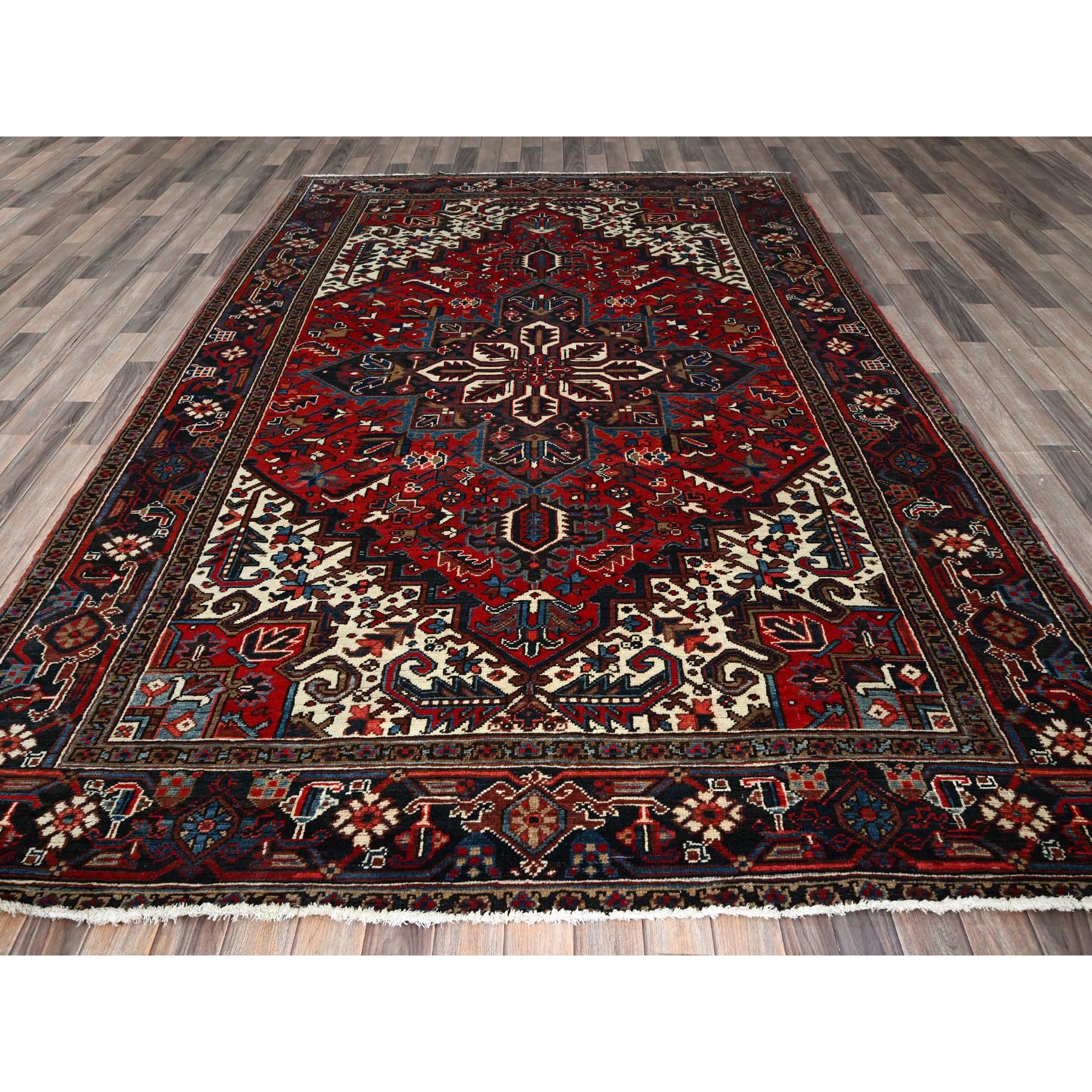 7'x10'3" Angels Red, Vintage Persian Heriz with Geometric Medallion Design, 100% Wool, Hand Knotted, Evenly Worn, Shaved Low, Good Condition, Sides and Ends Professionally Secured, Oriental Rug Sh255