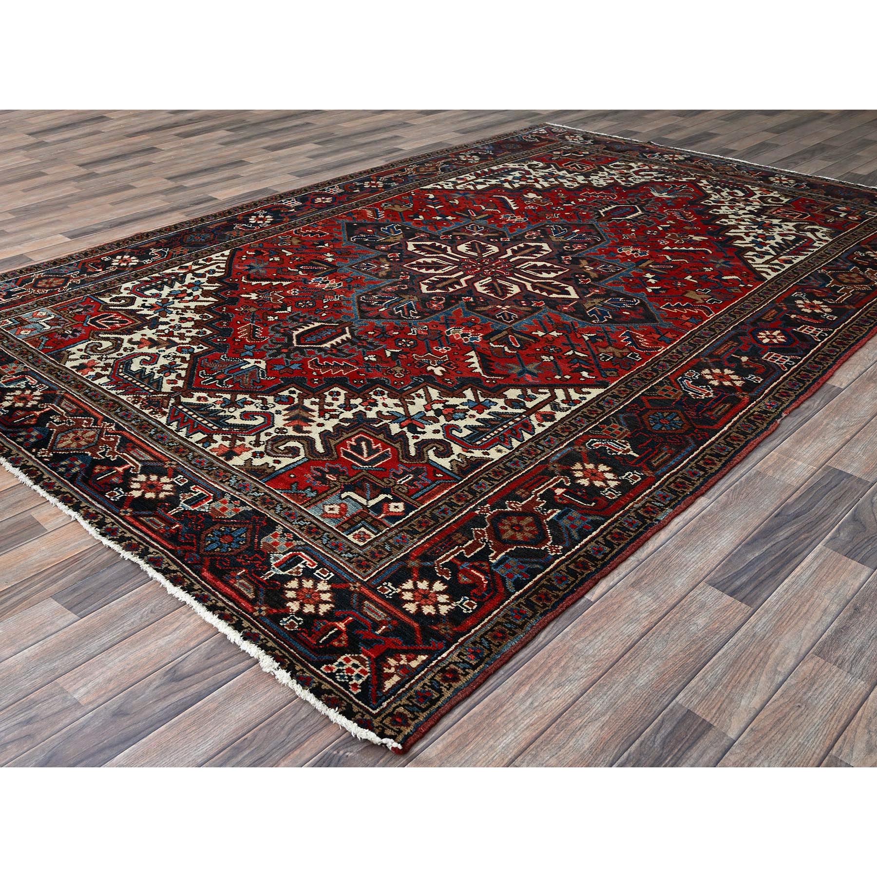 7'x10'3" Angels Red, Vintage Persian Heriz with Geometric Medallion Design, 100% Wool, Hand Knotted, Evenly Worn, Shaved Low, Good Condition, Sides and Ends Professionally Secured, Oriental Rug Sh255