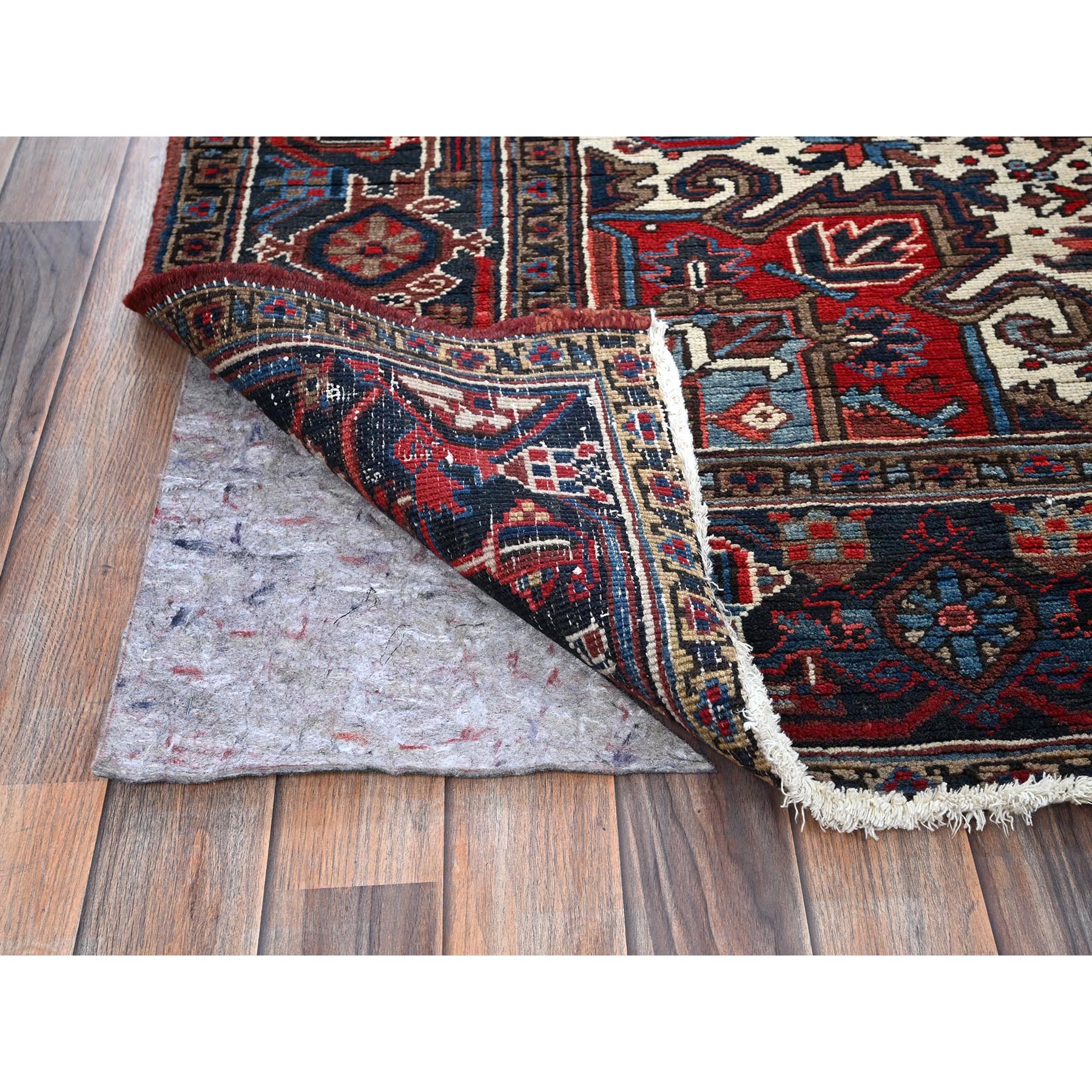 7'x10'3" Angels Red, Vintage Persian Heriz with Geometric Medallion Design, 100% Wool, Hand Knotted, Evenly Worn, Shaved Low, Good Condition, Sides and Ends Professionally Secured, Oriental Rug Sh255