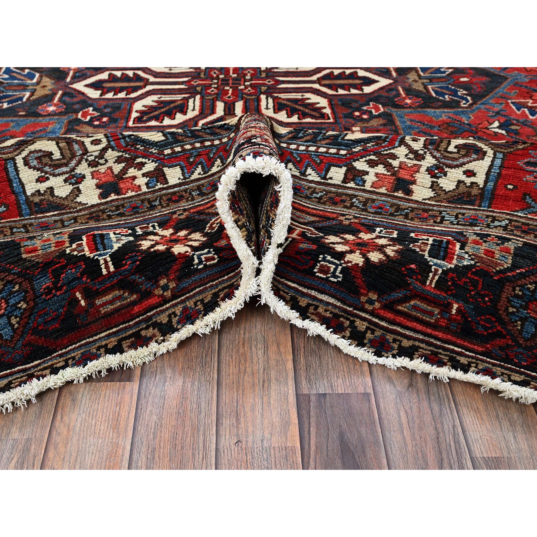 7'x10'3" Angels Red, Vintage Persian Heriz with Geometric Medallion Design, 100% Wool, Hand Knotted, Evenly Worn, Shaved Low, Good Condition, Sides and Ends Professionally Secured, Oriental Rug Sh255