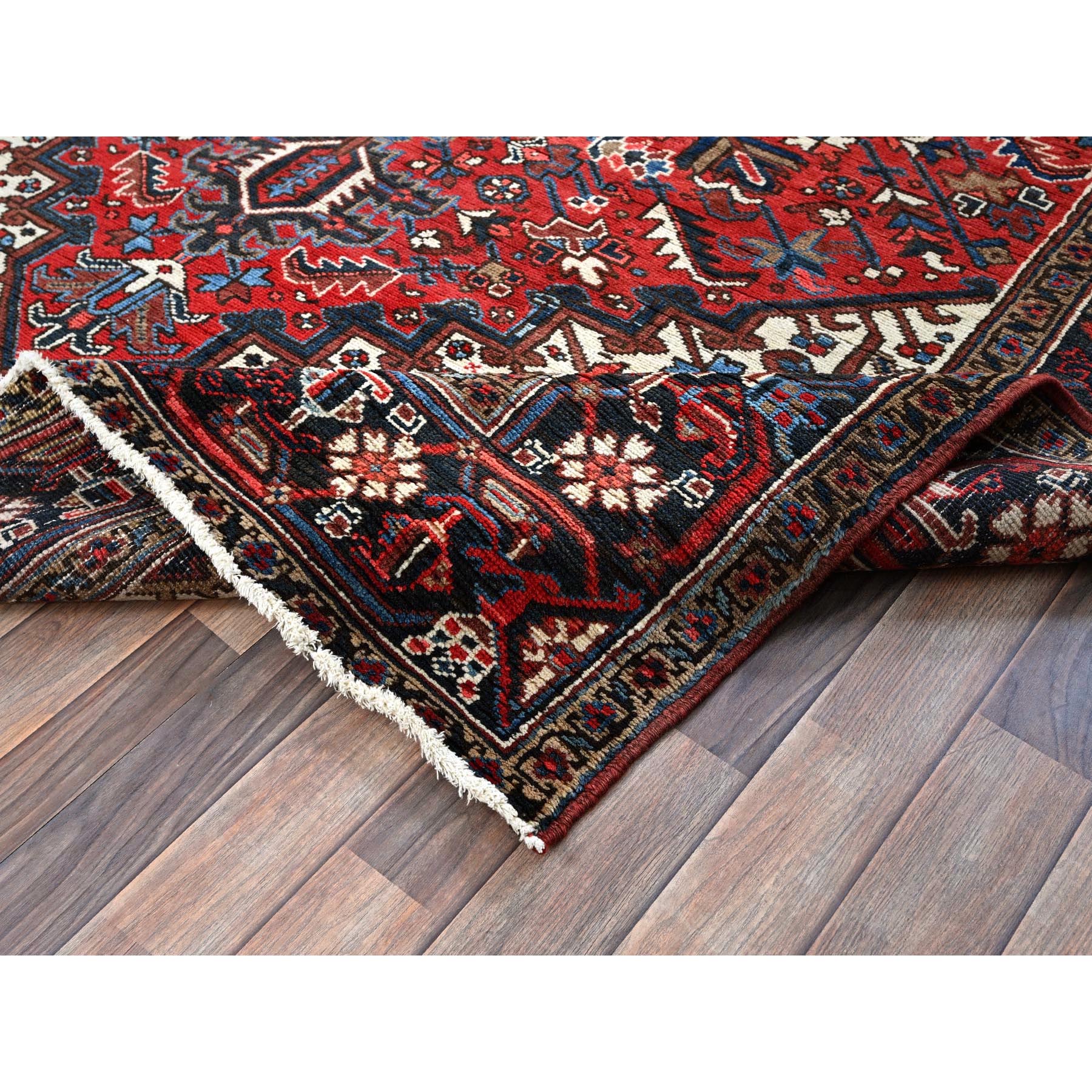 7'x10'3" Angels Red, Vintage Persian Heriz with Geometric Medallion Design, 100% Wool, Hand Knotted, Evenly Worn, Shaved Low, Good Condition, Sides and Ends Professionally Secured, Oriental Rug Sh255