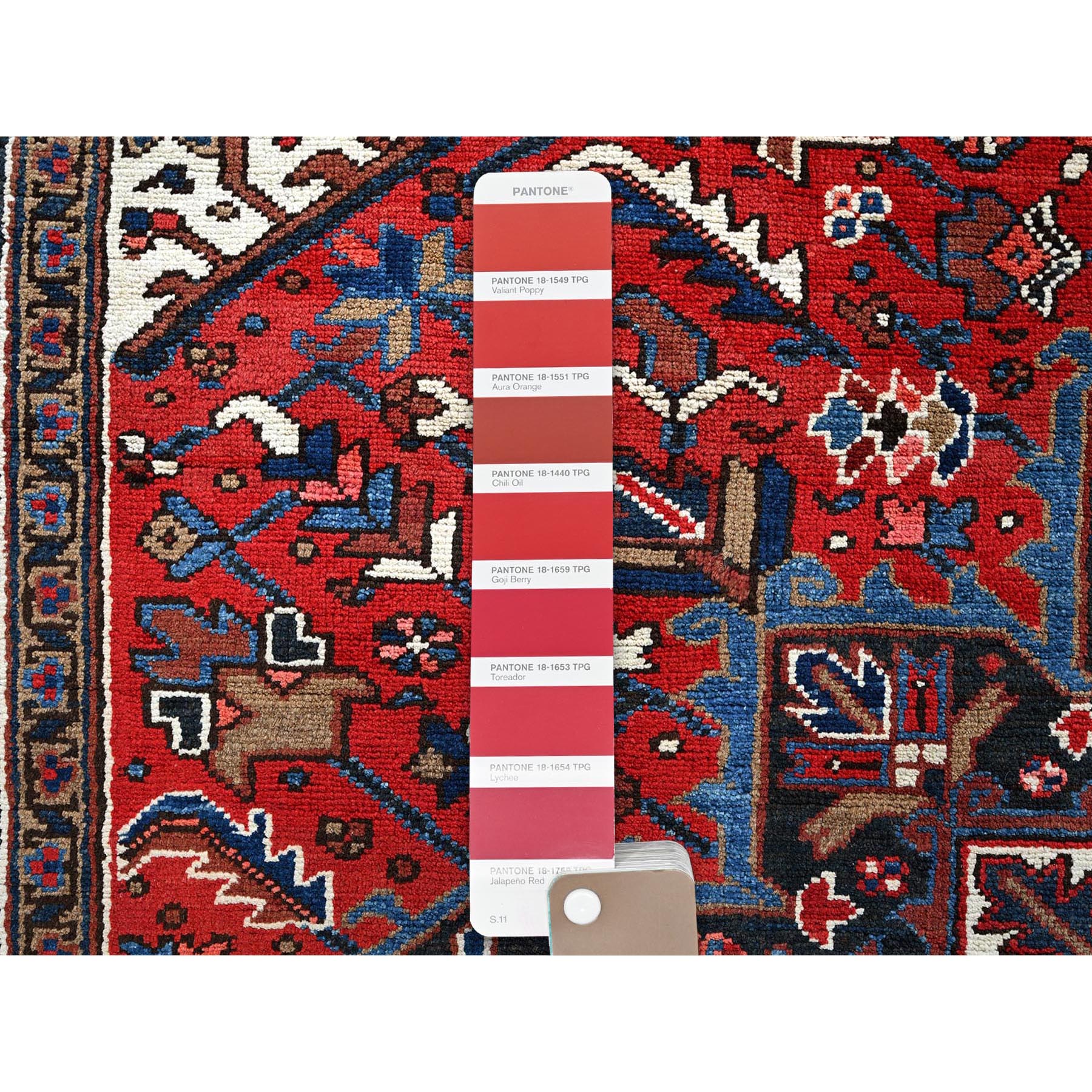7'x10'3" Angels Red, Vintage Persian Heriz with Geometric Medallion Design, 100% Wool, Hand Knotted, Evenly Worn, Shaved Low, Good Condition, Sides and Ends Professionally Secured, Oriental Rug Sh255