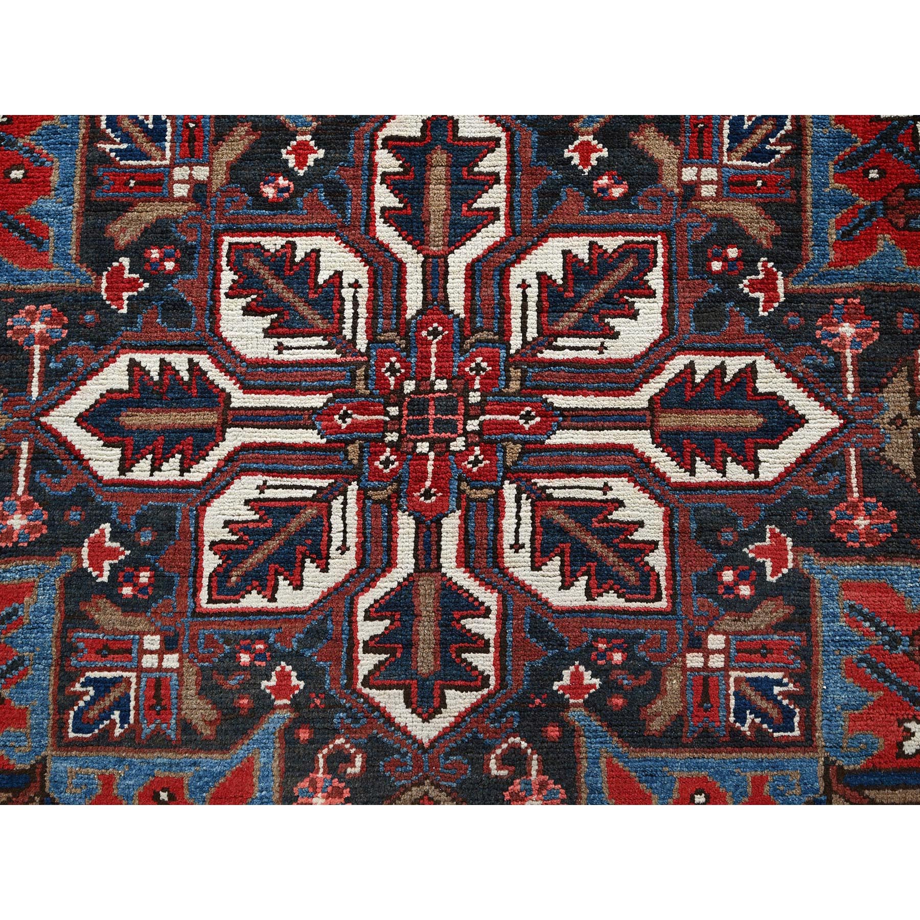 7'x10'3" Angels Red, Vintage Persian Heriz with Geometric Medallion Design, 100% Wool, Hand Knotted, Evenly Worn, Shaved Low, Good Condition, Sides and Ends Professionally Secured, Oriental Rug Sh255