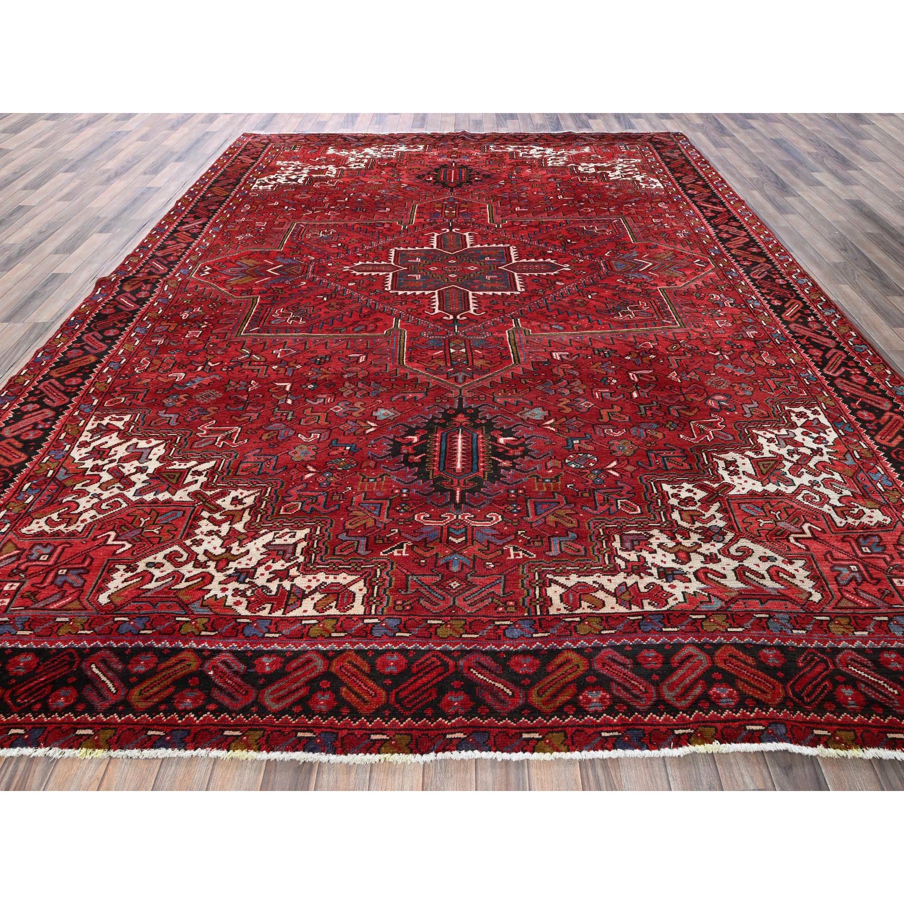 9'7"x12'2" Scarlet Red, Vintage Persian Heriz with Geometric Medallion Design, 100% Wool, Hand Knotted, Even Wear, Sheared Low, Good Condition, Sides and Ends Professionally Secured, Oriental Rug Sh256