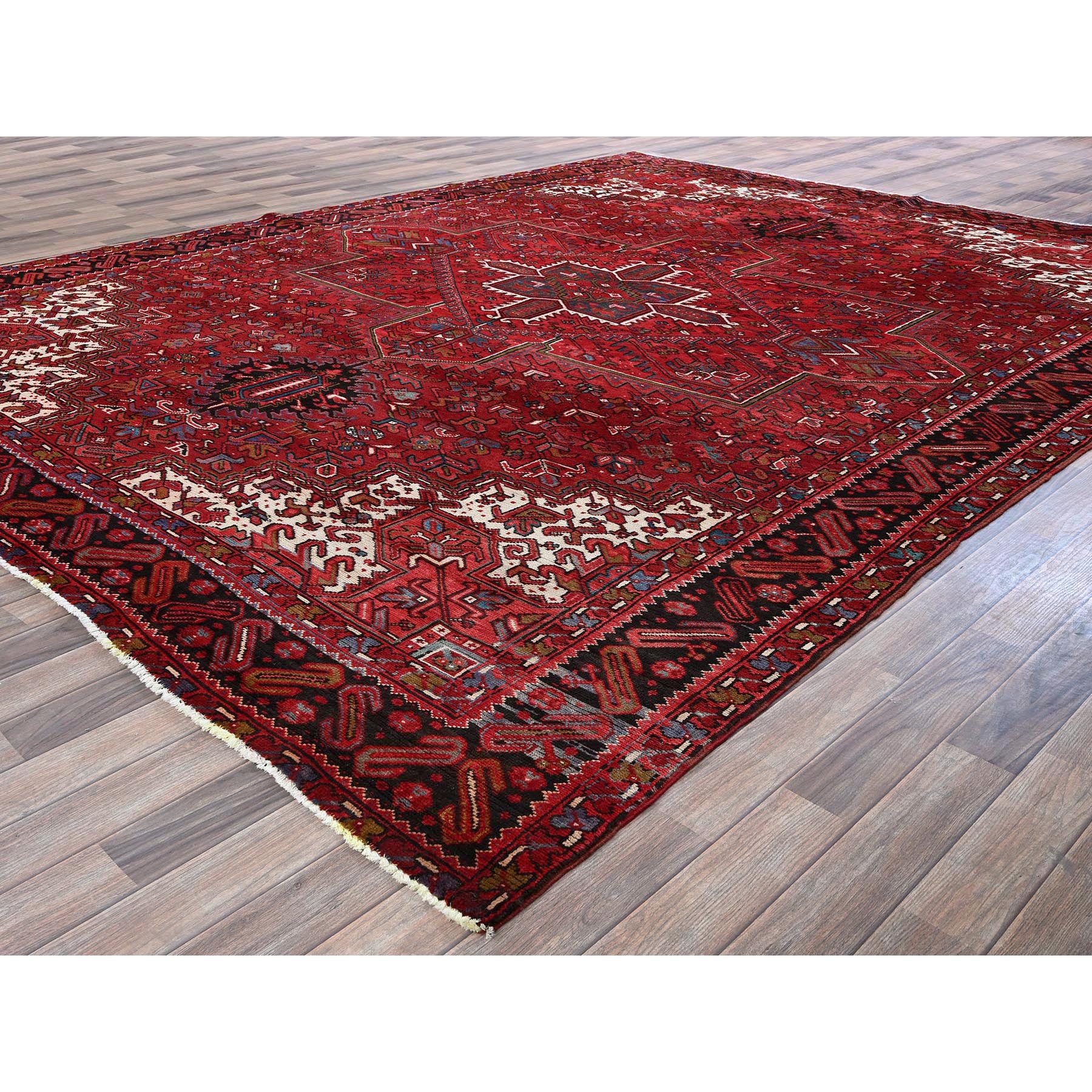 9'7"x12'2" Scarlet Red, Vintage Persian Heriz with Geometric Medallion Design, 100% Wool, Hand Knotted, Even Wear, Sheared Low, Good Condition, Sides and Ends Professionally Secured, Oriental Rug Sh256