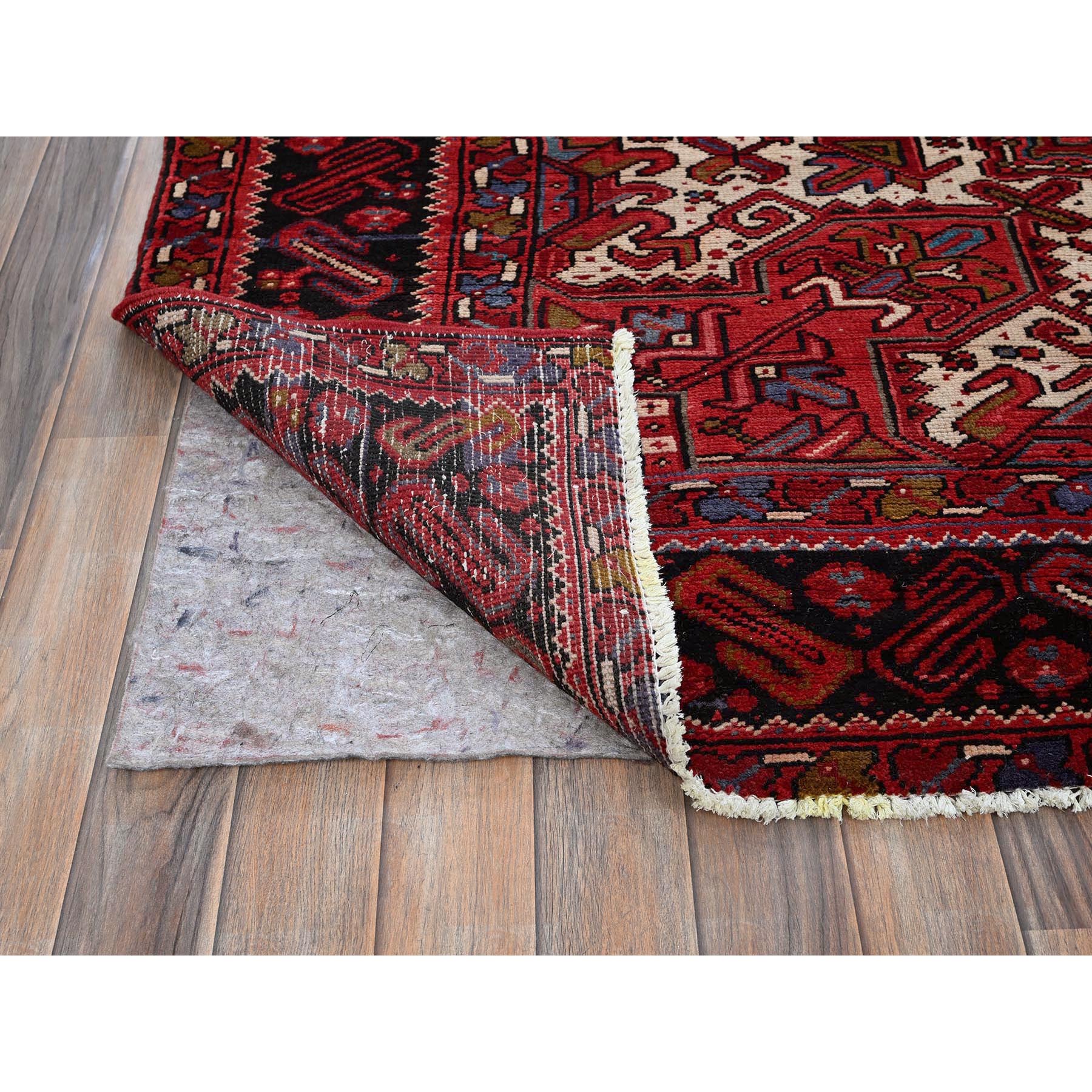 9'7"x12'2" Scarlet Red, Vintage Persian Heriz with Geometric Medallion Design, 100% Wool, Hand Knotted, Even Wear, Sheared Low, Good Condition, Sides and Ends Professionally Secured, Oriental Rug Sh256