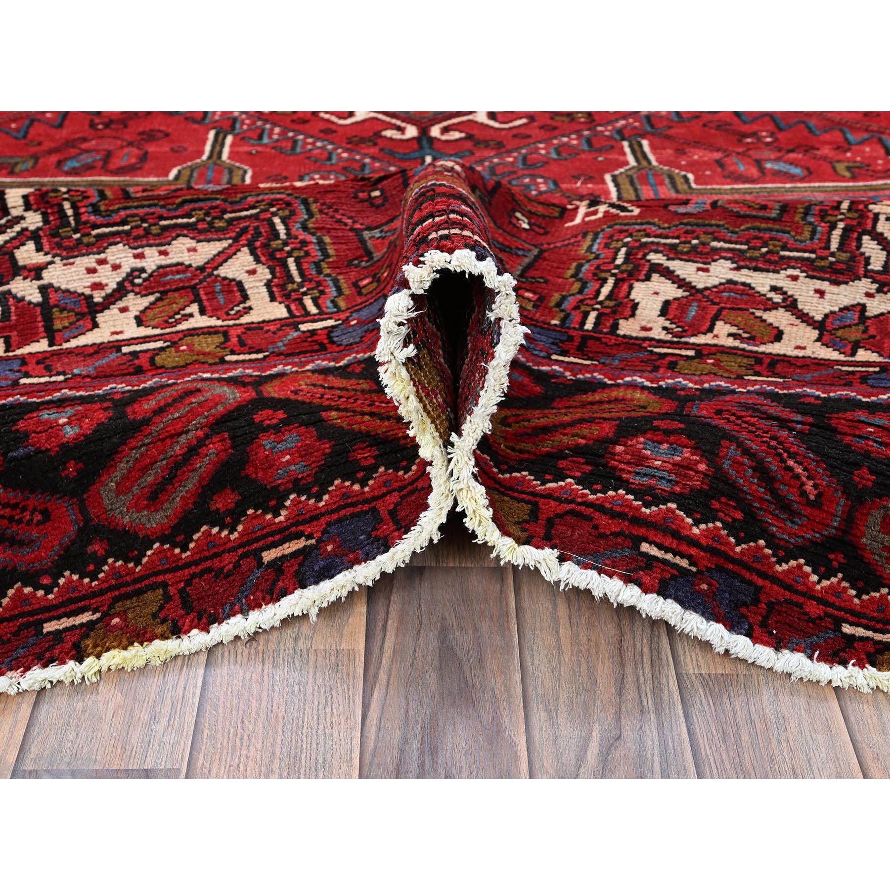 9'7"x12'2" Scarlet Red, Vintage Persian Heriz with Geometric Medallion Design, 100% Wool, Hand Knotted, Even Wear, Sheared Low, Good Condition, Sides and Ends Professionally Secured, Oriental Rug Sh256