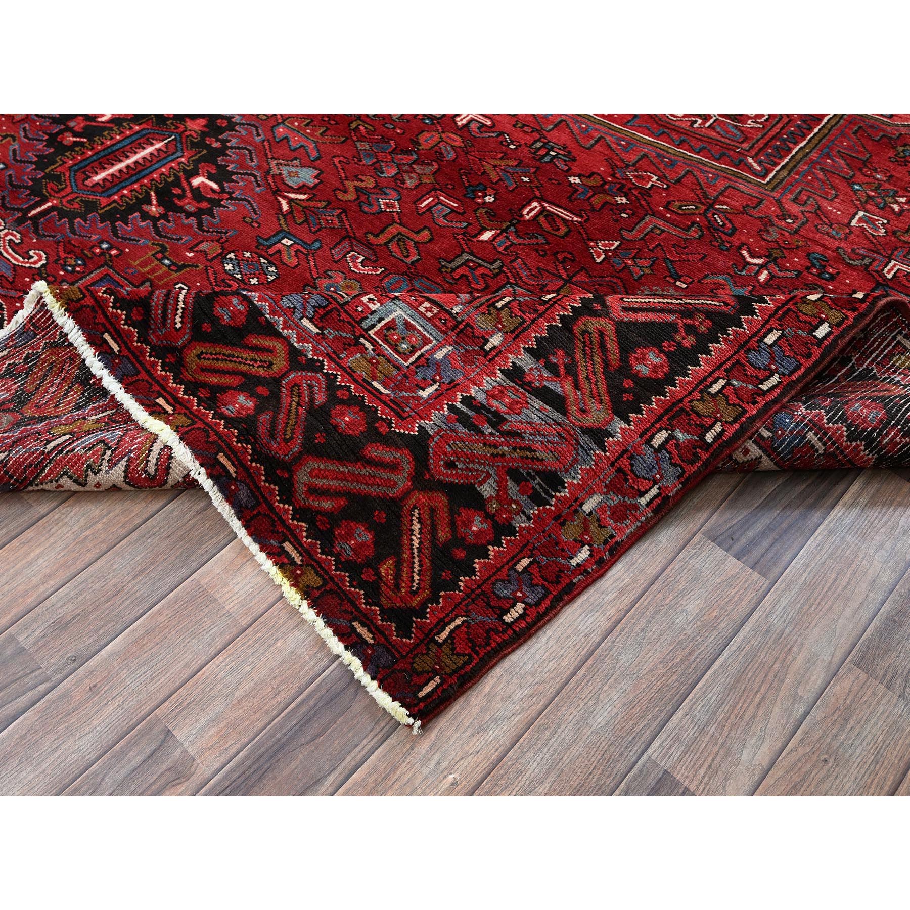 9'7"x12'2" Scarlet Red, Vintage Persian Heriz with Geometric Medallion Design, 100% Wool, Hand Knotted, Even Wear, Sheared Low, Good Condition, Sides and Ends Professionally Secured, Oriental Rug Sh256
