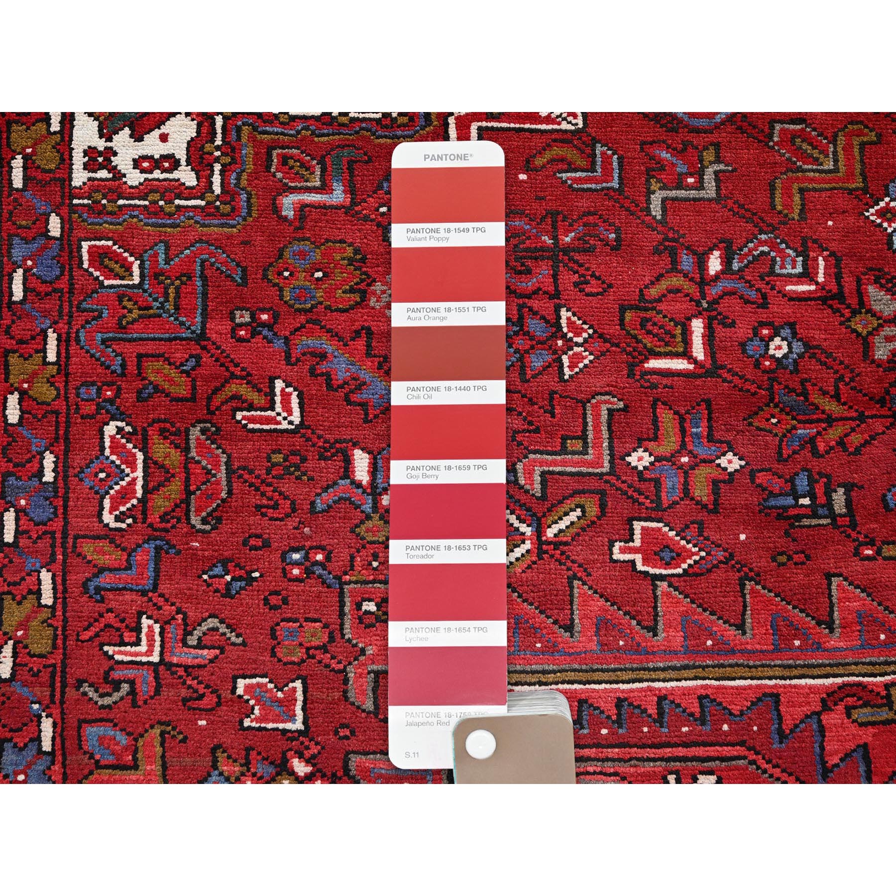 9'7"x12'2" Scarlet Red, Vintage Persian Heriz with Geometric Medallion Design, 100% Wool, Hand Knotted, Even Wear, Sheared Low, Good Condition, Sides and Ends Professionally Secured, Oriental Rug Sh256
