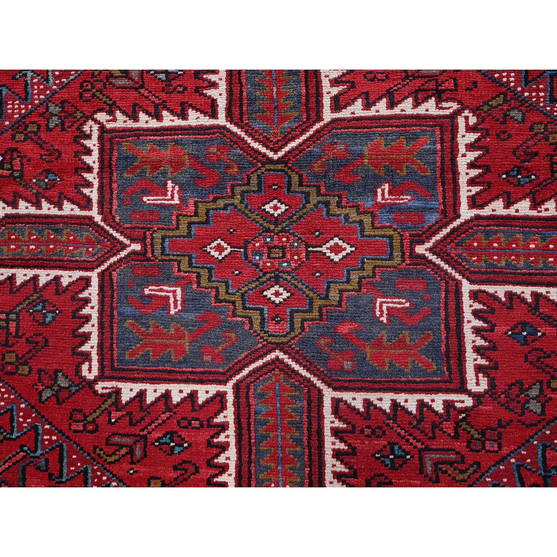 9'7"x12'2" Scarlet Red, Vintage Persian Heriz with Geometric Medallion Design, 100% Wool, Hand Knotted, Even Wear, Sheared Low, Good Condition, Sides and Ends Professionally Secured, Oriental Rug Sh256