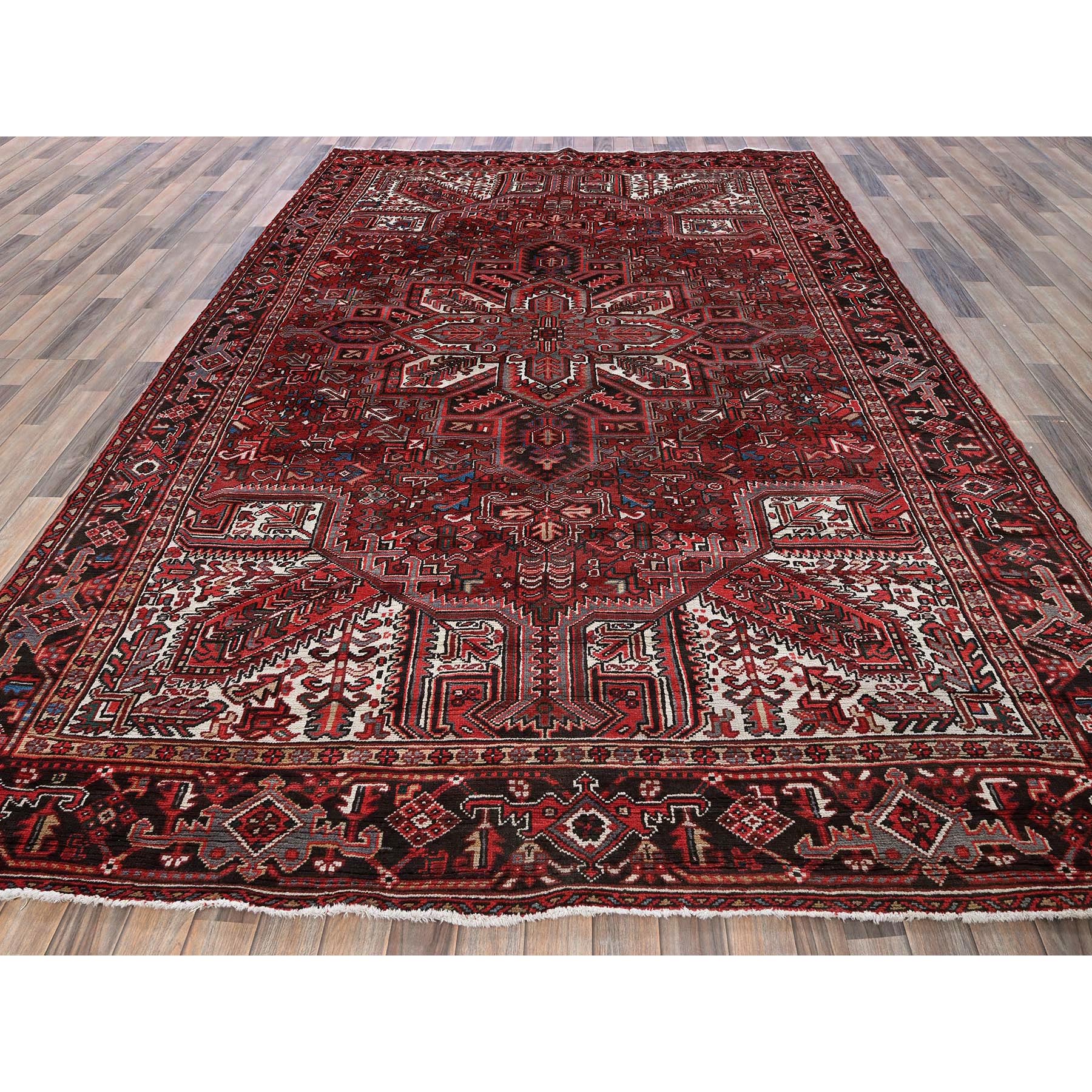 7'7"x10'9" Carmine Red, Vintage Persian Heriz with Geometric Medallion Design, Worn and Distressed, 100% Wool, Hand Knotted, Cropped Thin, Clean, Sides and Ends Professionally Secured, Oriental Rug Sh257