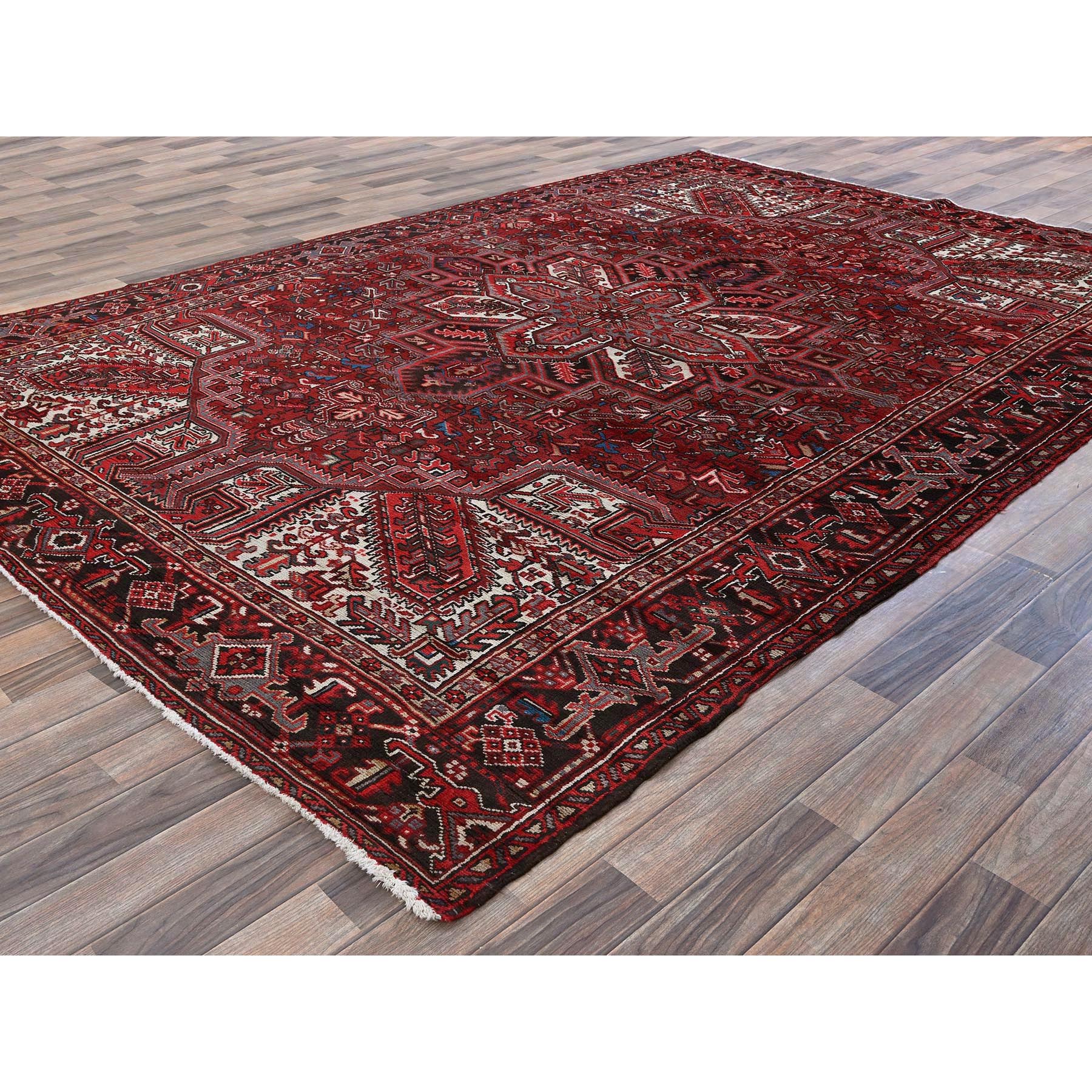 7'7"x10'9" Carmine Red, Vintage Persian Heriz with Geometric Medallion Design, Worn and Distressed, 100% Wool, Hand Knotted, Cropped Thin, Clean, Sides and Ends Professionally Secured, Oriental Rug Sh257