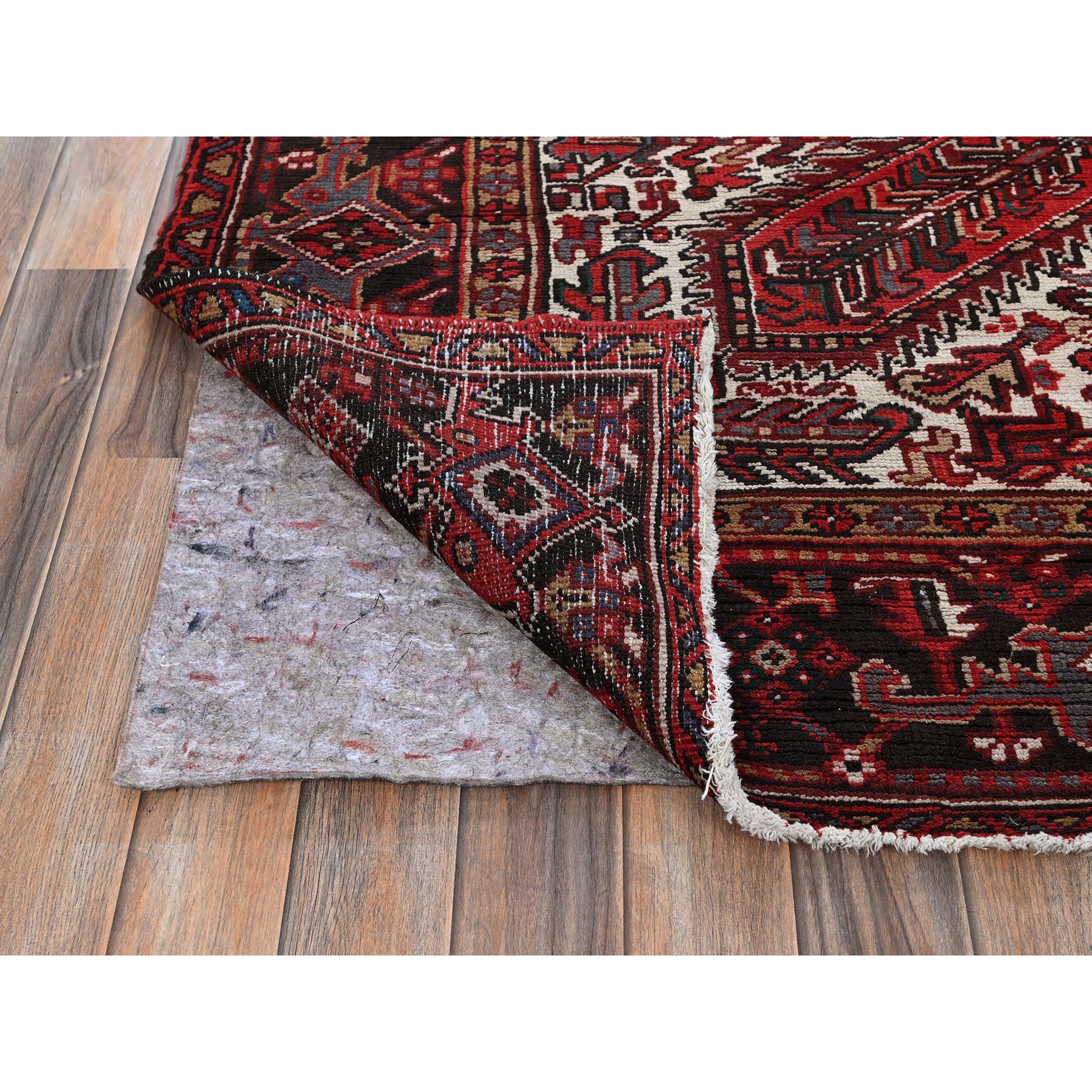 7'7"x10'9" Carmine Red, Vintage Persian Heriz with Geometric Medallion Design, Worn and Distressed, 100% Wool, Hand Knotted, Cropped Thin, Clean, Sides and Ends Professionally Secured, Oriental Rug Sh257