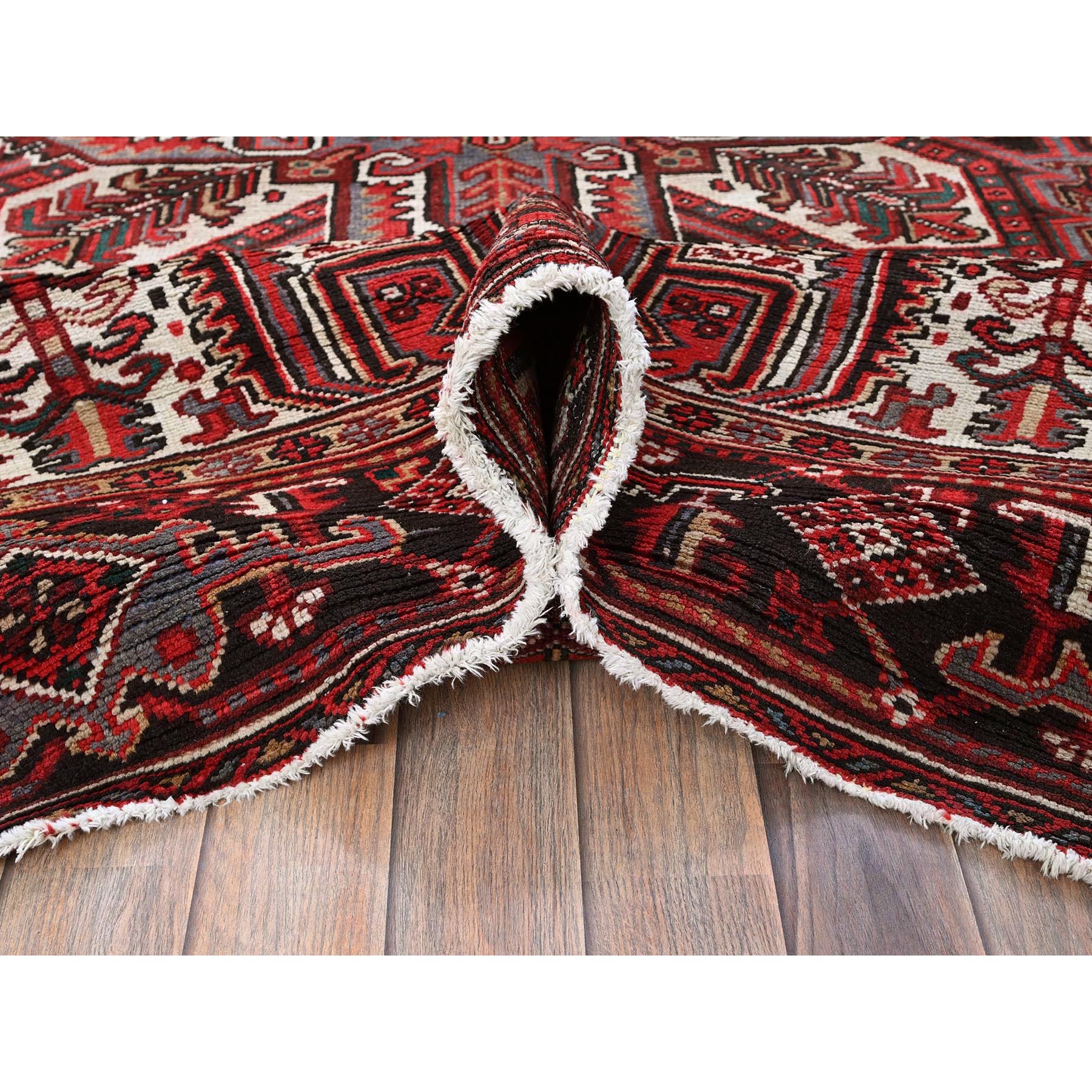7'7"x10'9" Carmine Red, Vintage Persian Heriz with Geometric Medallion Design, Worn and Distressed, 100% Wool, Hand Knotted, Cropped Thin, Clean, Sides and Ends Professionally Secured, Oriental Rug Sh257
