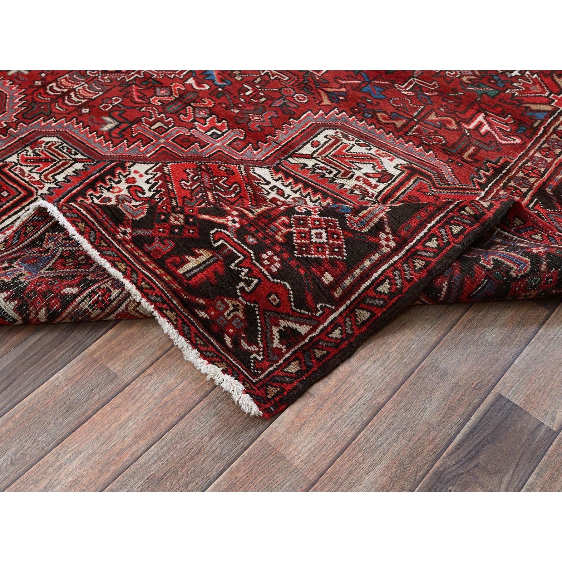 7'7"x10'9" Carmine Red, Vintage Persian Heriz with Geometric Medallion Design, Worn and Distressed, 100% Wool, Hand Knotted, Cropped Thin, Clean, Sides and Ends Professionally Secured, Oriental Rug Sh257