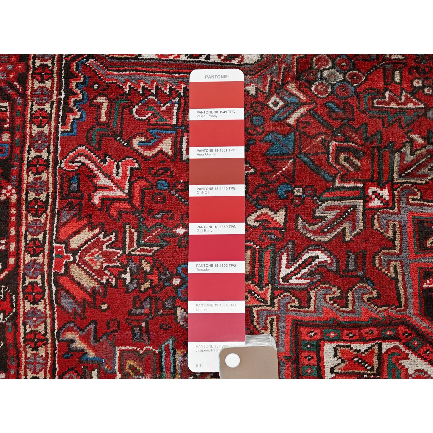 7'7"x10'9" Carmine Red, Vintage Persian Heriz with Geometric Medallion Design, Worn and Distressed, 100% Wool, Hand Knotted, Cropped Thin, Clean, Sides and Ends Professionally Secured, Oriental Rug Sh257