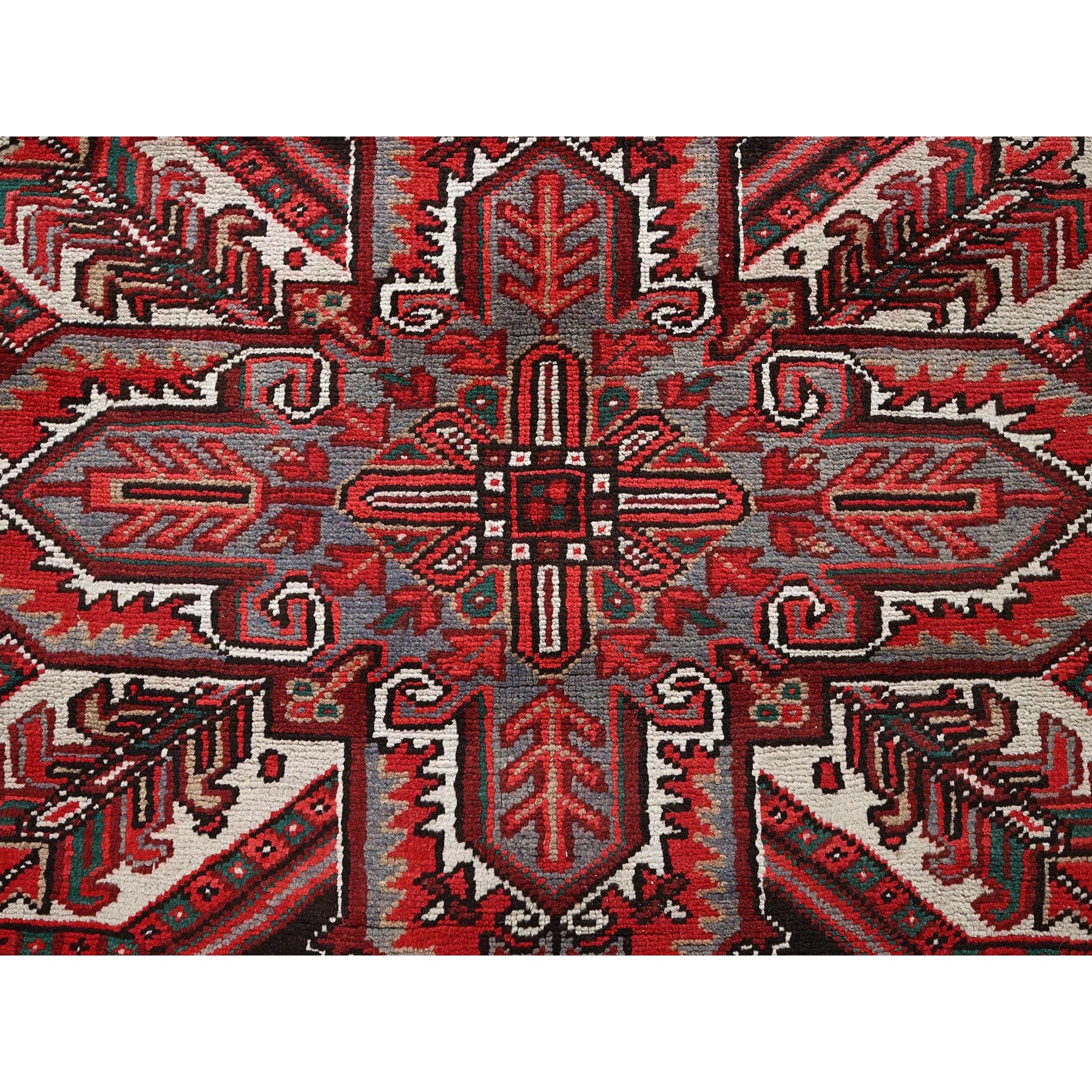 7'7"x10'9" Carmine Red, Vintage Persian Heriz with Geometric Medallion Design, Worn and Distressed, 100% Wool, Hand Knotted, Cropped Thin, Clean, Sides and Ends Professionally Secured, Oriental Rug Sh257