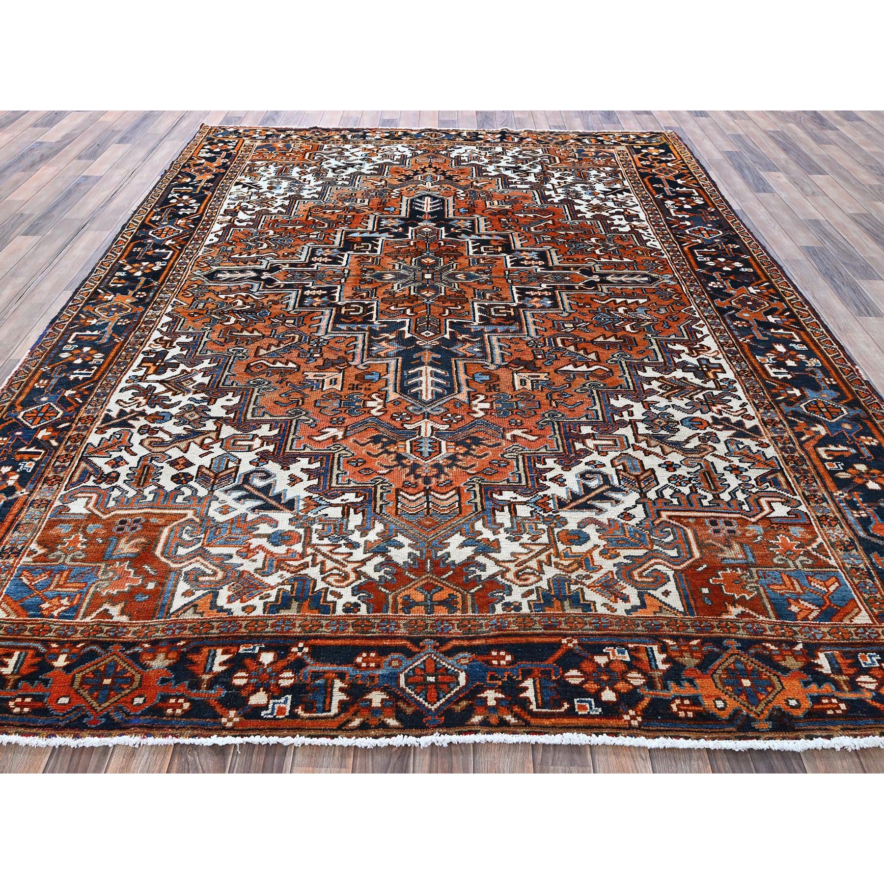 7'7"x10'2" Yam Orange, Vintage Persian Heriz with Geometric Medallion Design, Pure Wool, Hand Knotted, Evenly Worn, Cropped Thin, Good Condition, Sides and Ends Professionally Secured, Oriental Rug Sh259