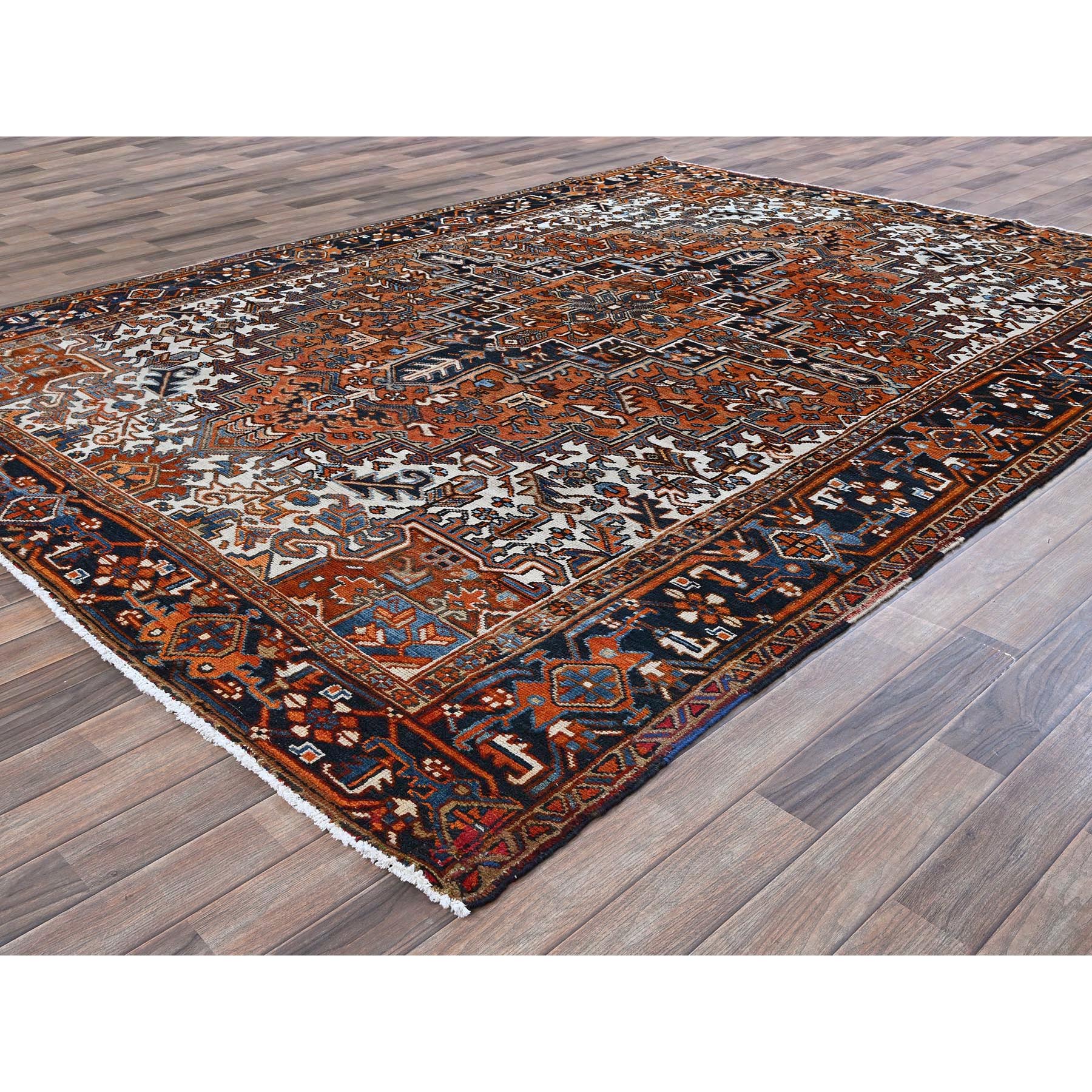 7'7"x10'2" Yam Orange, Vintage Persian Heriz with Geometric Medallion Design, Pure Wool, Hand Knotted, Evenly Worn, Cropped Thin, Good Condition, Sides and Ends Professionally Secured, Oriental Rug Sh259