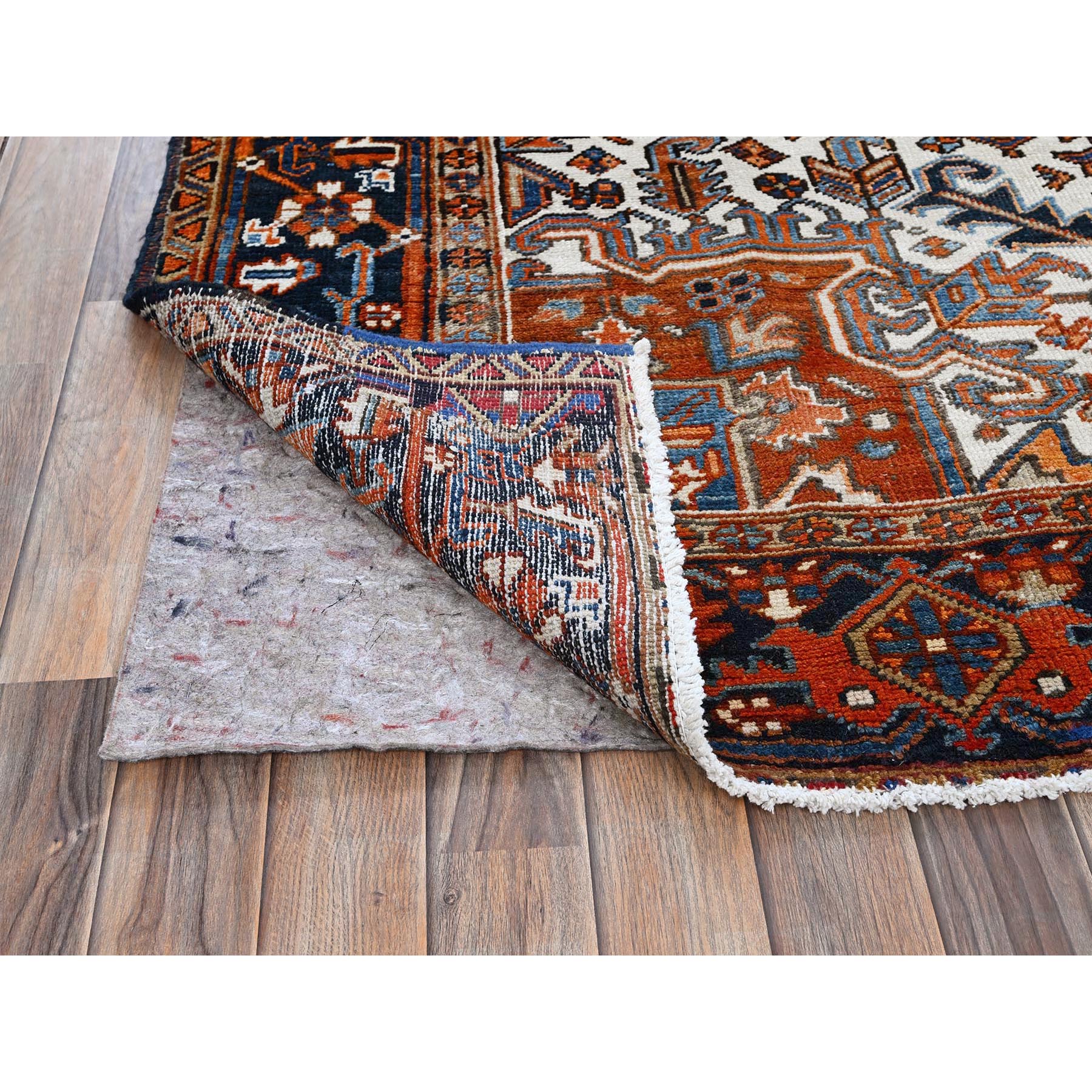 7'7"x10'2" Yam Orange, Vintage Persian Heriz with Geometric Medallion Design, Pure Wool, Hand Knotted, Evenly Worn, Cropped Thin, Good Condition, Sides and Ends Professionally Secured, Oriental Rug Sh259