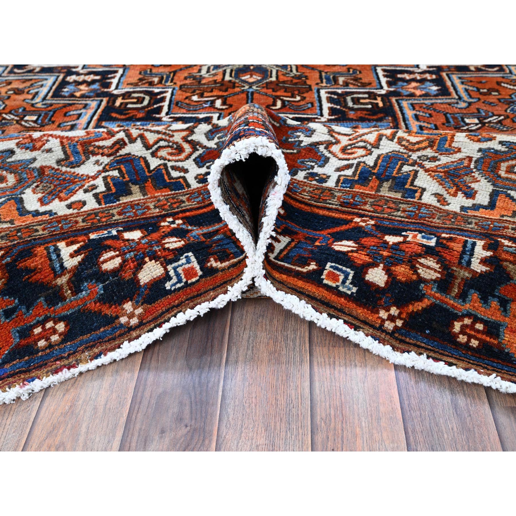 7'7"x10'2" Yam Orange, Vintage Persian Heriz with Geometric Medallion Design, Pure Wool, Hand Knotted, Evenly Worn, Cropped Thin, Good Condition, Sides and Ends Professionally Secured, Oriental Rug Sh259
