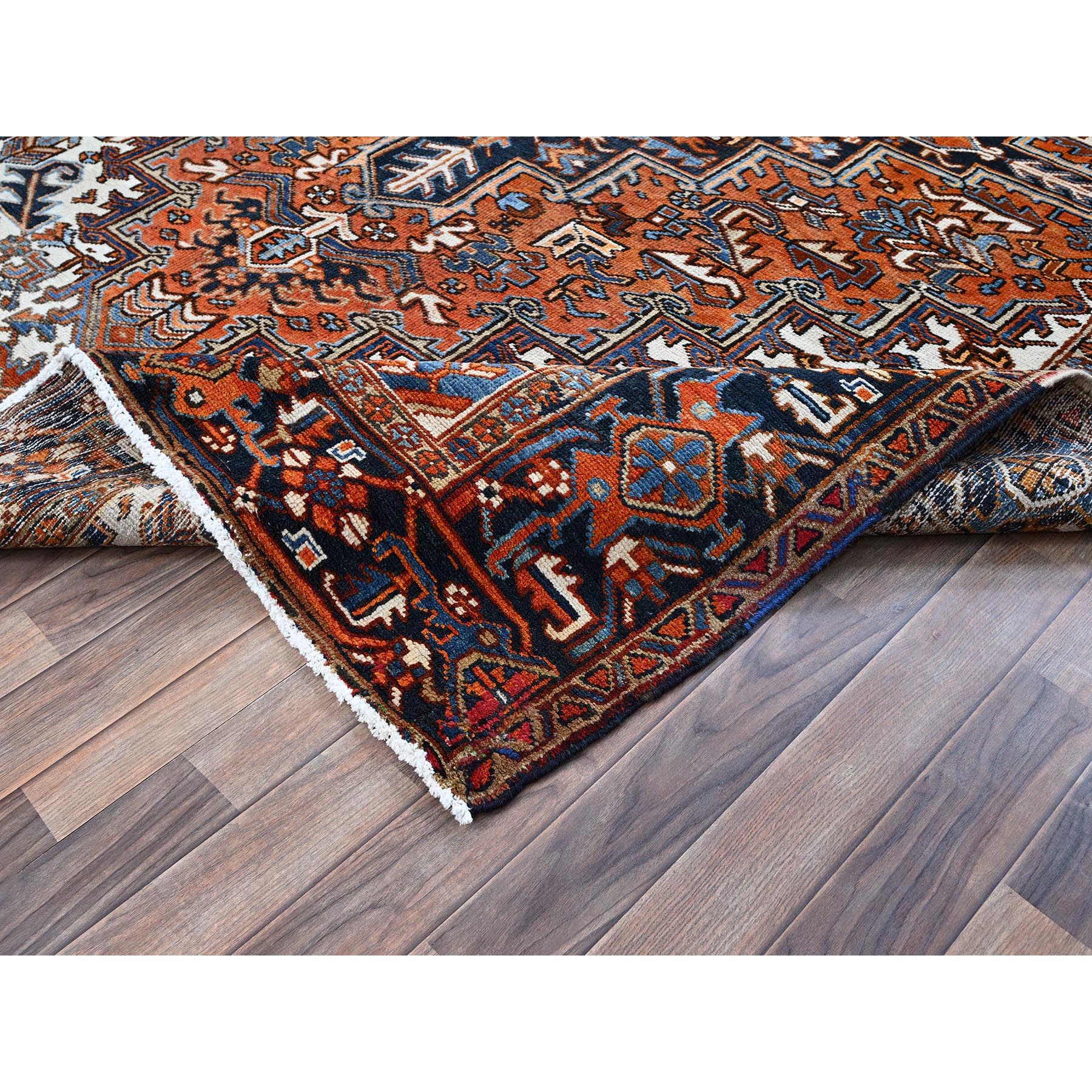 7'7"x10'2" Yam Orange, Vintage Persian Heriz with Geometric Medallion Design, Pure Wool, Hand Knotted, Evenly Worn, Cropped Thin, Good Condition, Sides and Ends Professionally Secured, Oriental Rug Sh259
