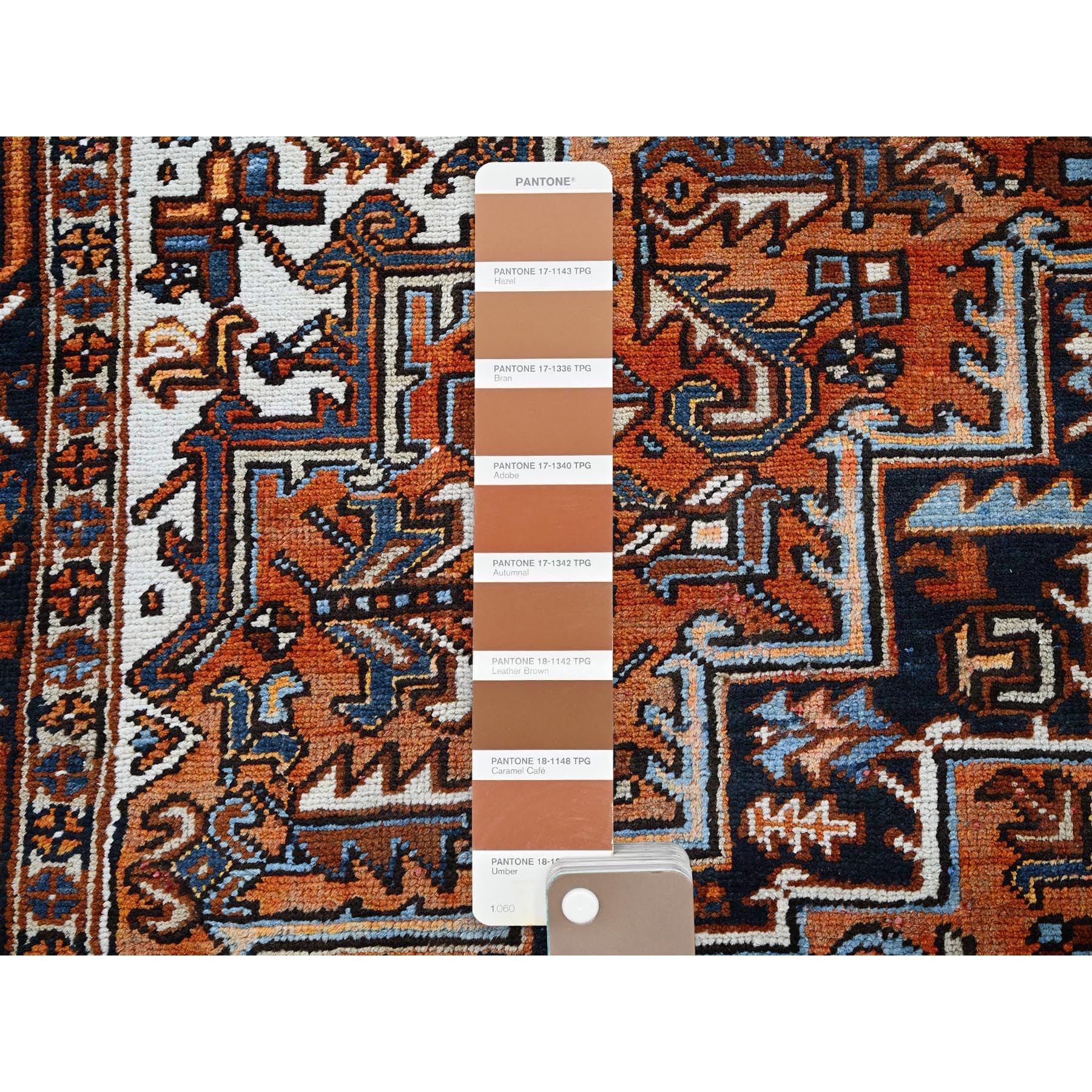 7'7"x10'2" Yam Orange, Vintage Persian Heriz with Geometric Medallion Design, Pure Wool, Hand Knotted, Evenly Worn, Cropped Thin, Good Condition, Sides and Ends Professionally Secured, Oriental Rug Sh259