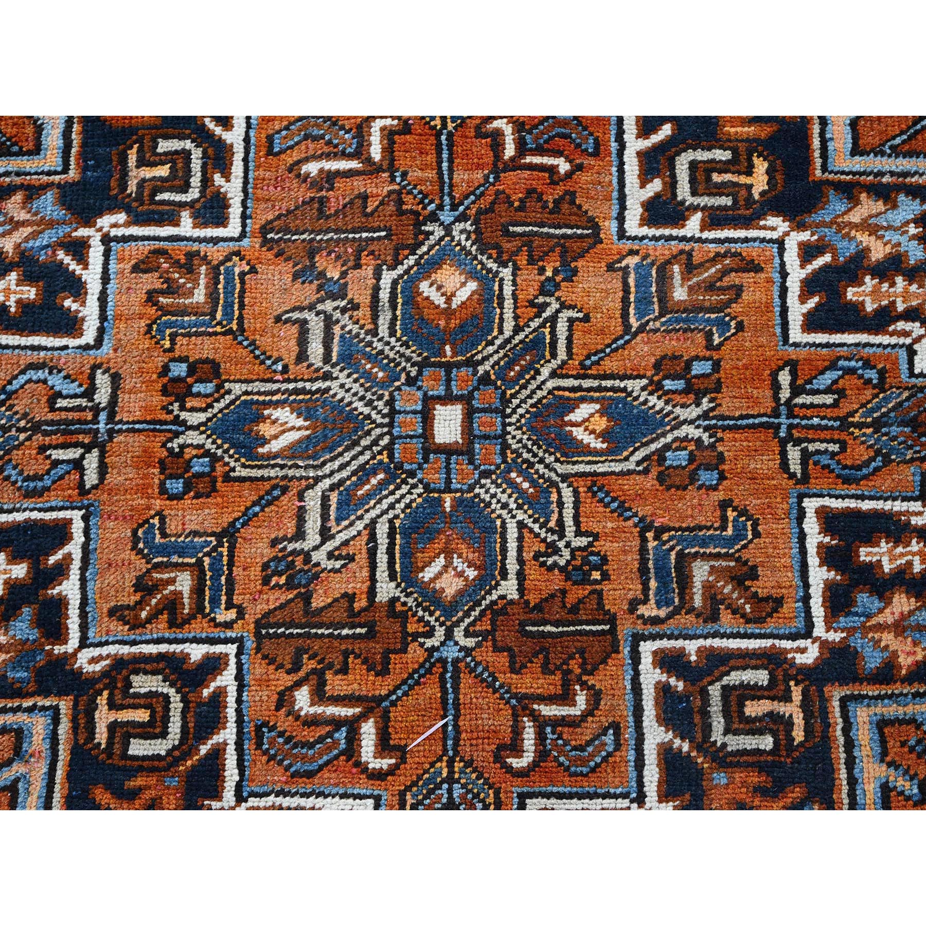 7'7"x10'2" Yam Orange, Vintage Persian Heriz with Geometric Medallion Design, Pure Wool, Hand Knotted, Evenly Worn, Cropped Thin, Good Condition, Sides and Ends Professionally Secured, Oriental Rug Sh259