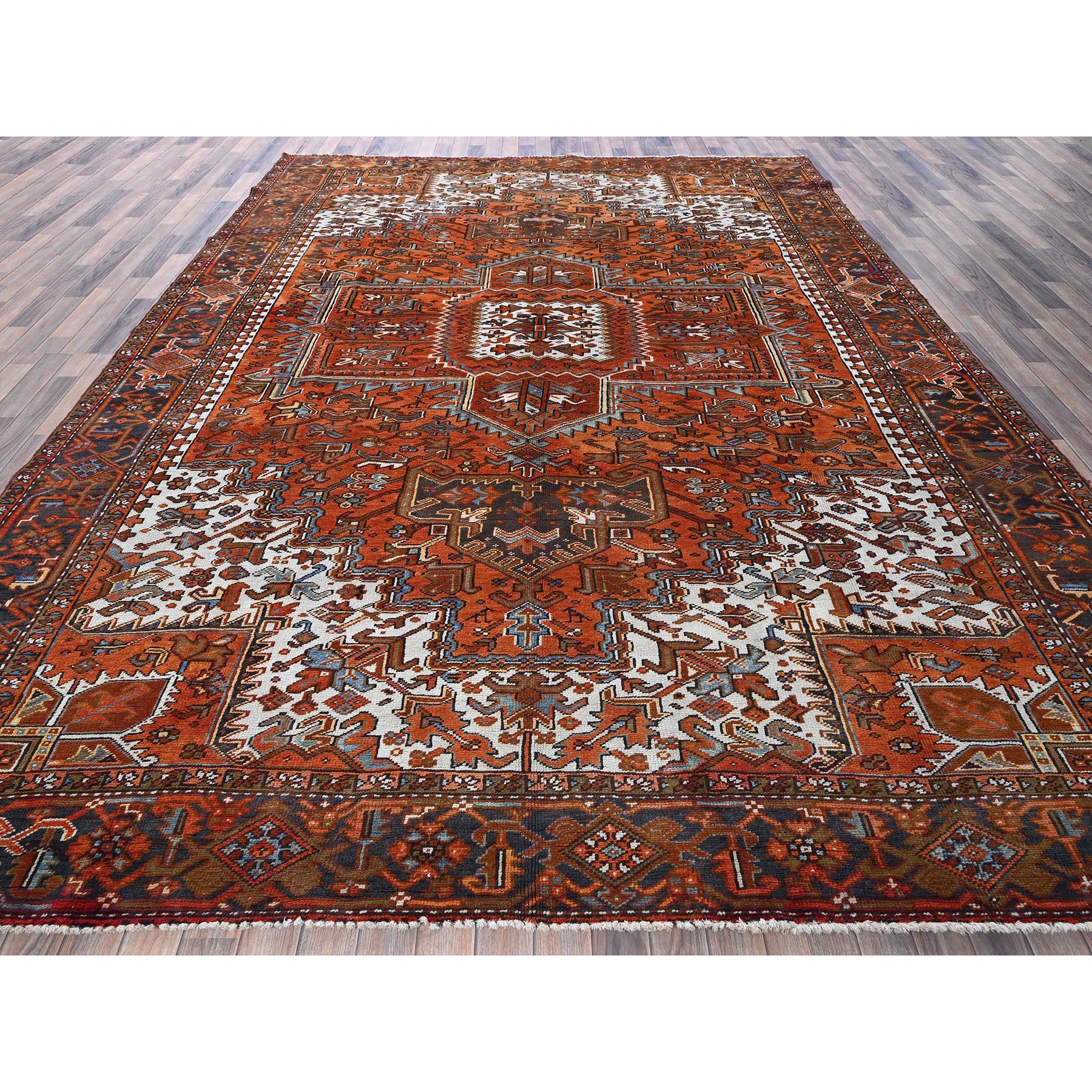 10'x12' Burnt Orange, Vintage Persian Heriz with Geometric Medallion Design, Hand Knotted, Pure Wool, Even Wear, Sheared Low, Good Condition, Sides and Ends Professionally Secured, Oriental Rug Sh263
