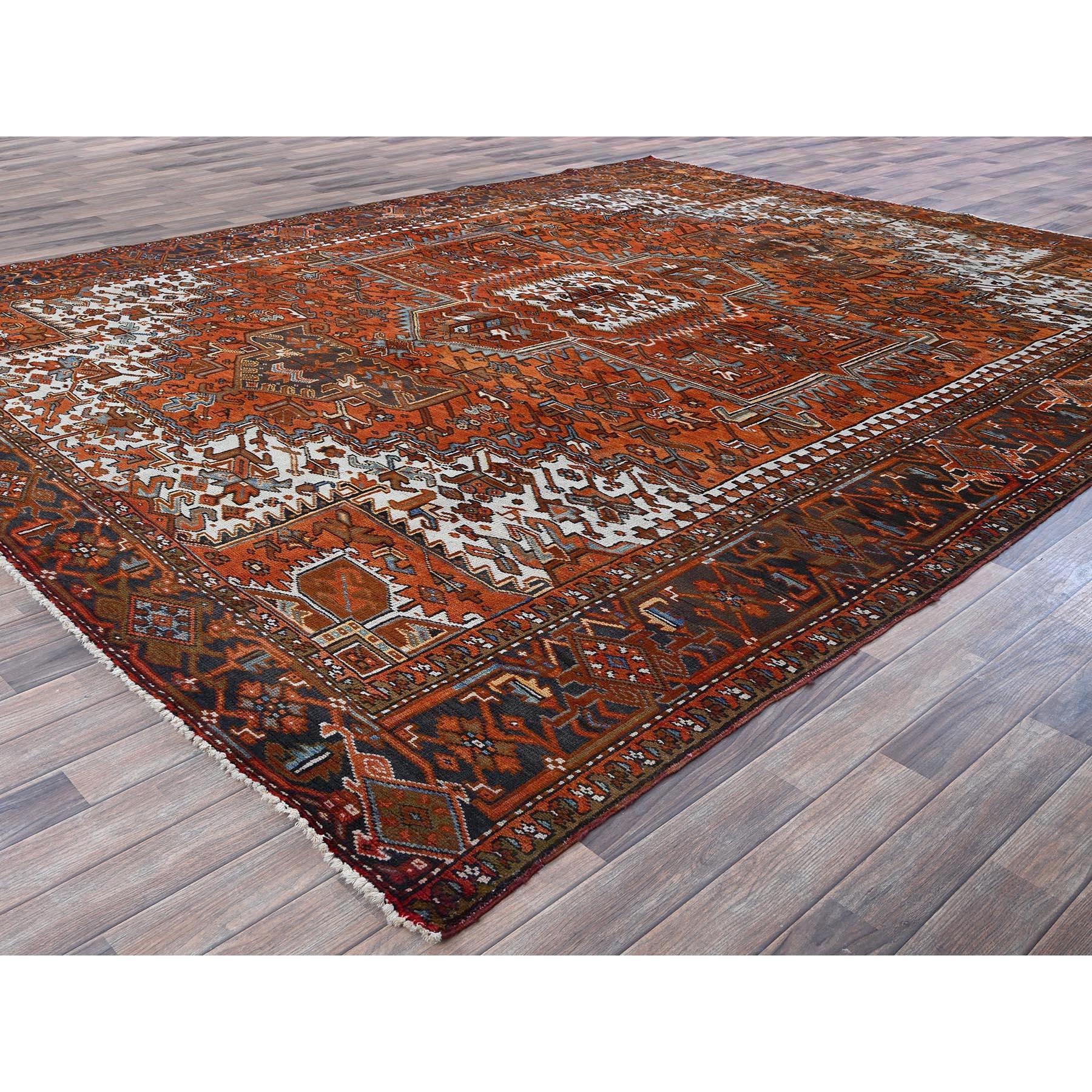 10'x12' Burnt Orange, Vintage Persian Heriz with Geometric Medallion Design, Hand Knotted, Pure Wool, Even Wear, Sheared Low, Good Condition, Sides and Ends Professionally Secured, Oriental Rug Sh263