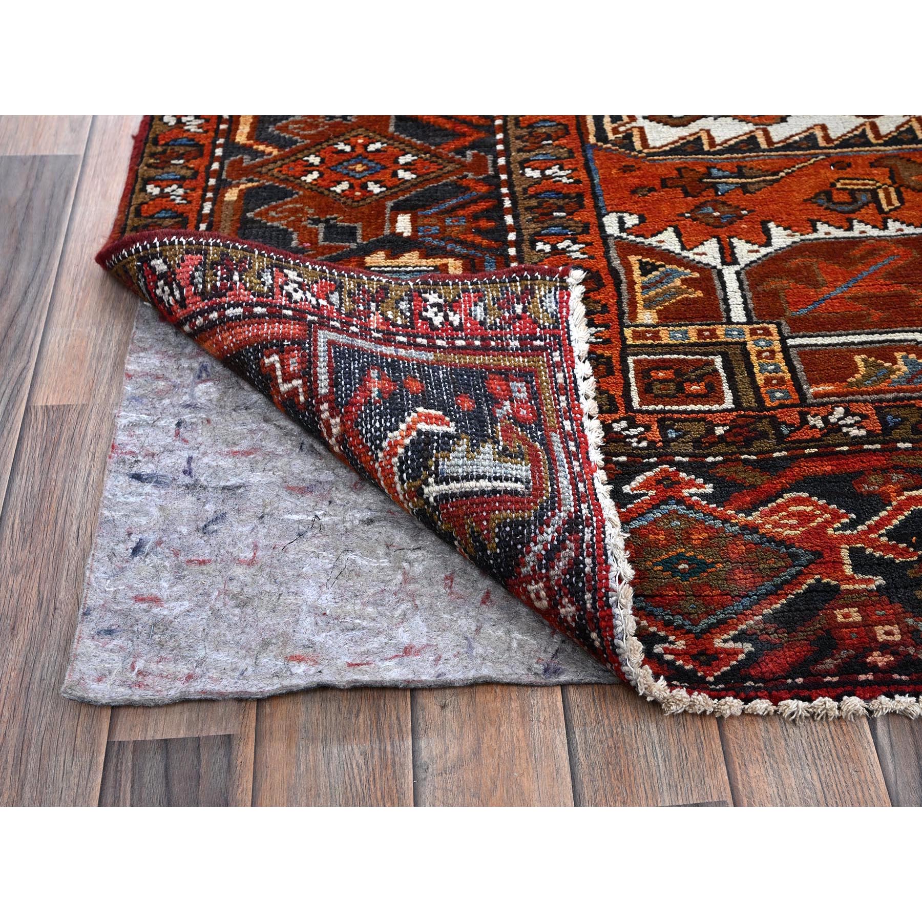 10'x12' Burnt Orange, Vintage Persian Heriz with Geometric Medallion Design, Hand Knotted, Pure Wool, Even Wear, Sheared Low, Good Condition, Sides and Ends Professionally Secured, Oriental Rug Sh263