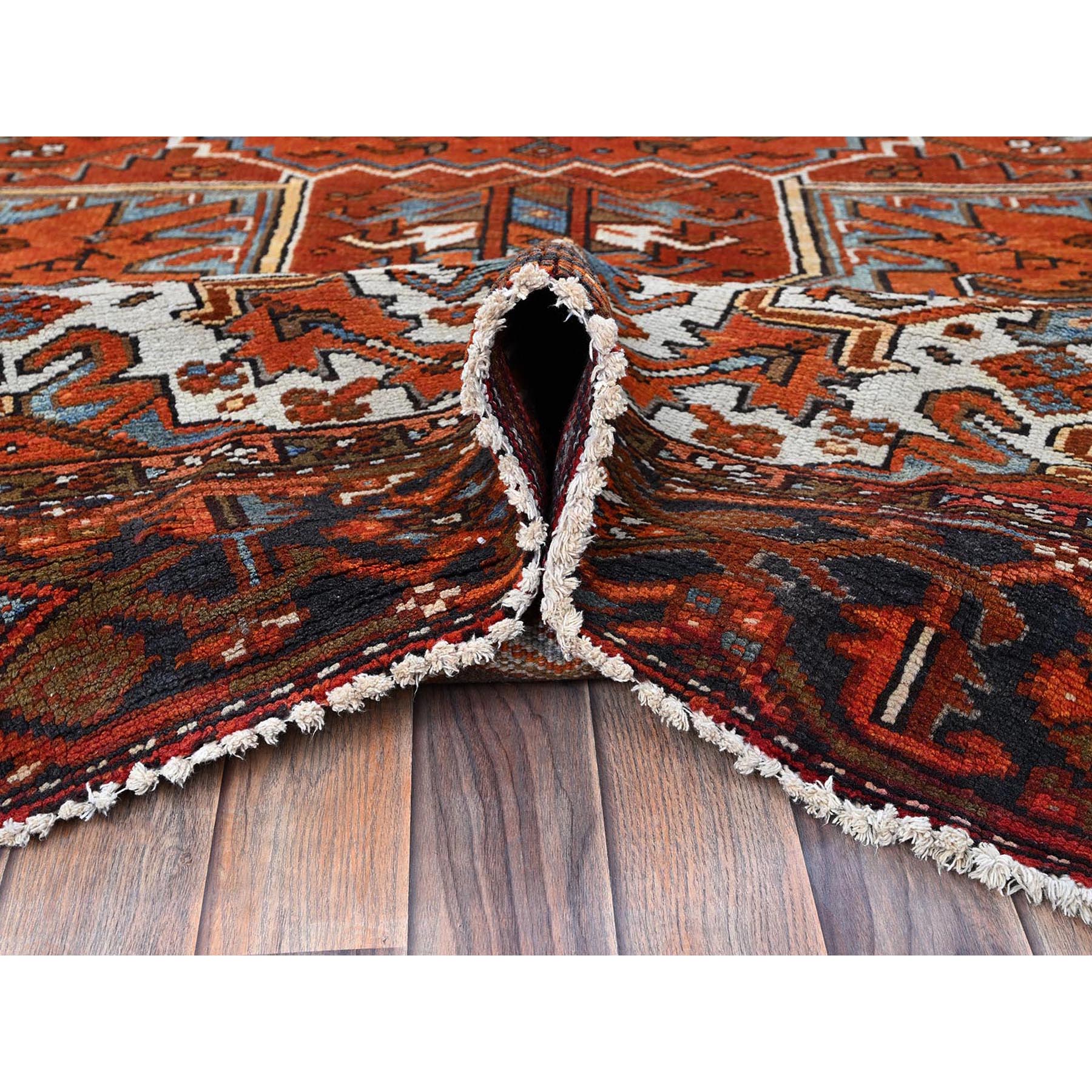 10'x12' Burnt Orange, Vintage Persian Heriz with Geometric Medallion Design, Hand Knotted, Pure Wool, Even Wear, Sheared Low, Good Condition, Sides and Ends Professionally Secured, Oriental Rug Sh263