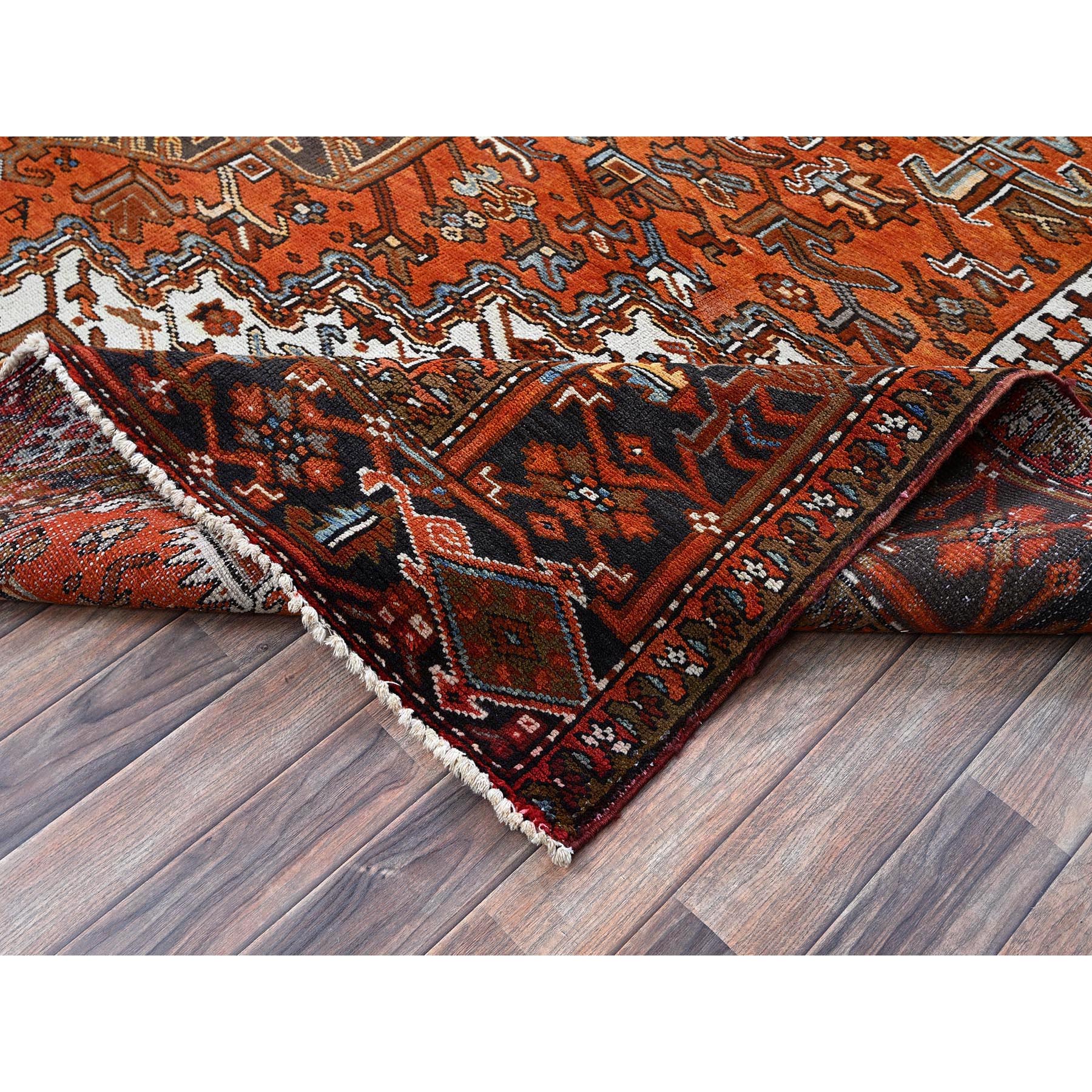 10'x12' Burnt Orange, Vintage Persian Heriz with Geometric Medallion Design, Hand Knotted, Pure Wool, Even Wear, Sheared Low, Good Condition, Sides and Ends Professionally Secured, Oriental Rug Sh263