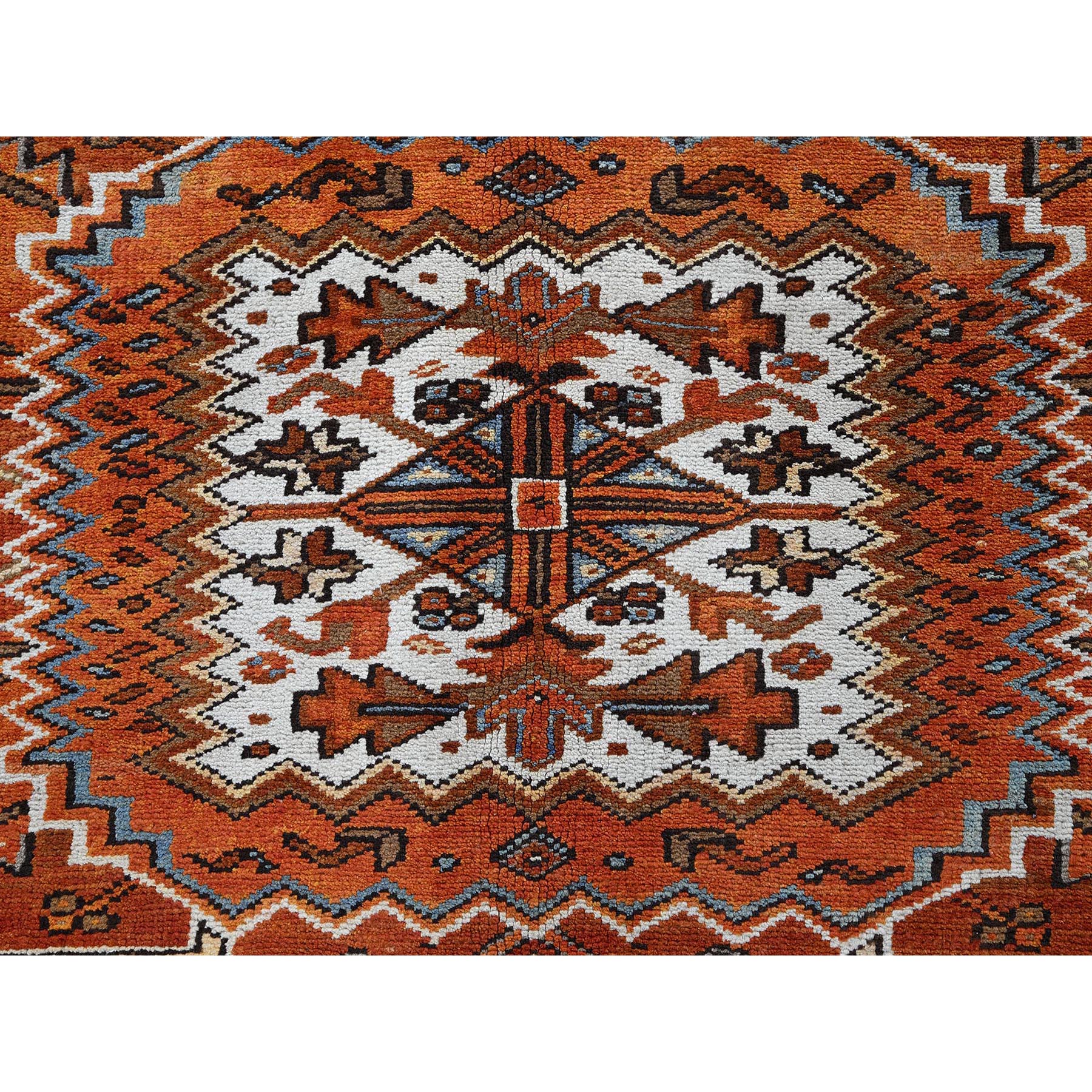 10'x12' Burnt Orange, Vintage Persian Heriz with Geometric Medallion Design, Hand Knotted, Pure Wool, Even Wear, Sheared Low, Good Condition, Sides and Ends Professionally Secured, Oriental Rug Sh263