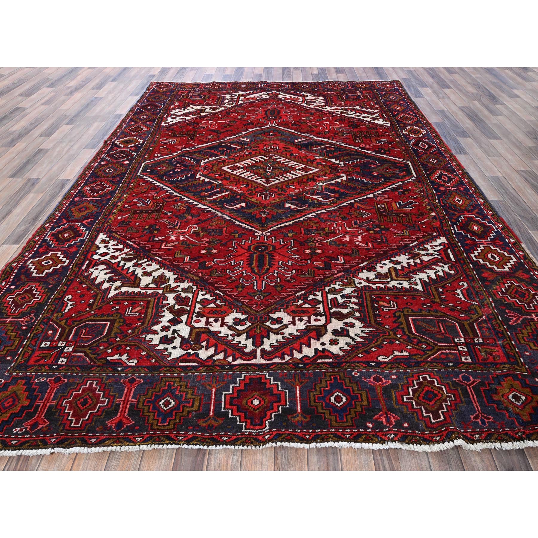 7'9"x10'4" Ajax Red, Vintage Persian Heriz with Geometric Medallion Design, Animal Figurines, 100% Wool, Hand Knotted, Shaved Down, Even Wear, Good Condition, Sides and Ends Professionally Secured, Oriental Rug Sh265