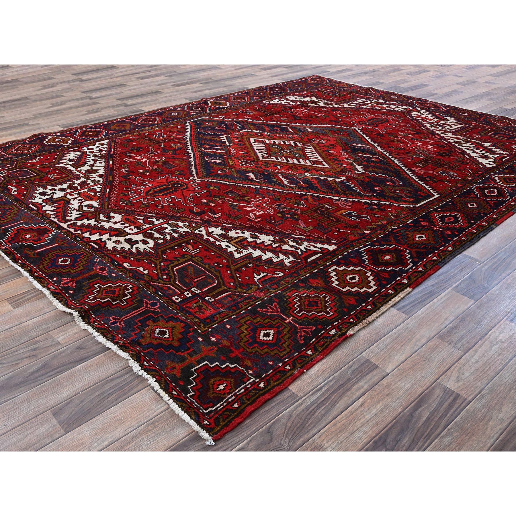 7'9"x10'4" Ajax Red, Vintage Persian Heriz with Geometric Medallion Design, Animal Figurines, 100% Wool, Hand Knotted, Shaved Down, Even Wear, Good Condition, Sides and Ends Professionally Secured, Oriental Rug Sh265