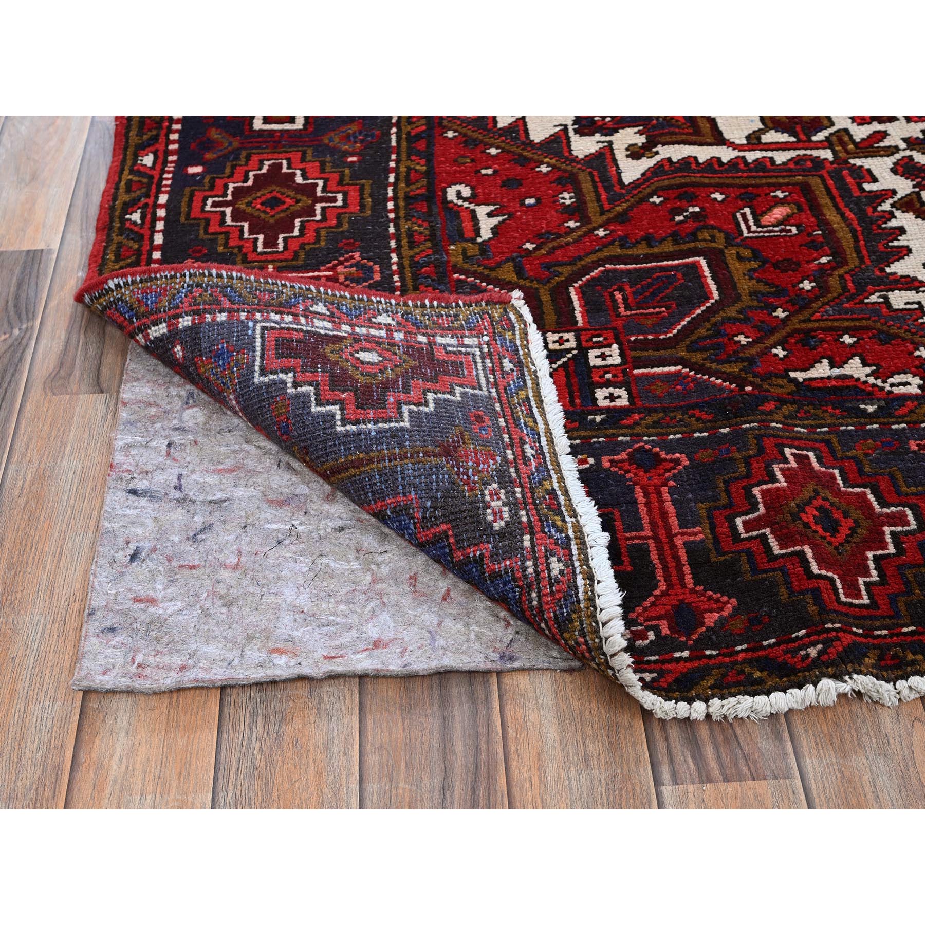 7'9"x10'4" Ajax Red, Vintage Persian Heriz with Geometric Medallion Design, Animal Figurines, 100% Wool, Hand Knotted, Shaved Down, Even Wear, Good Condition, Sides and Ends Professionally Secured, Oriental Rug Sh265