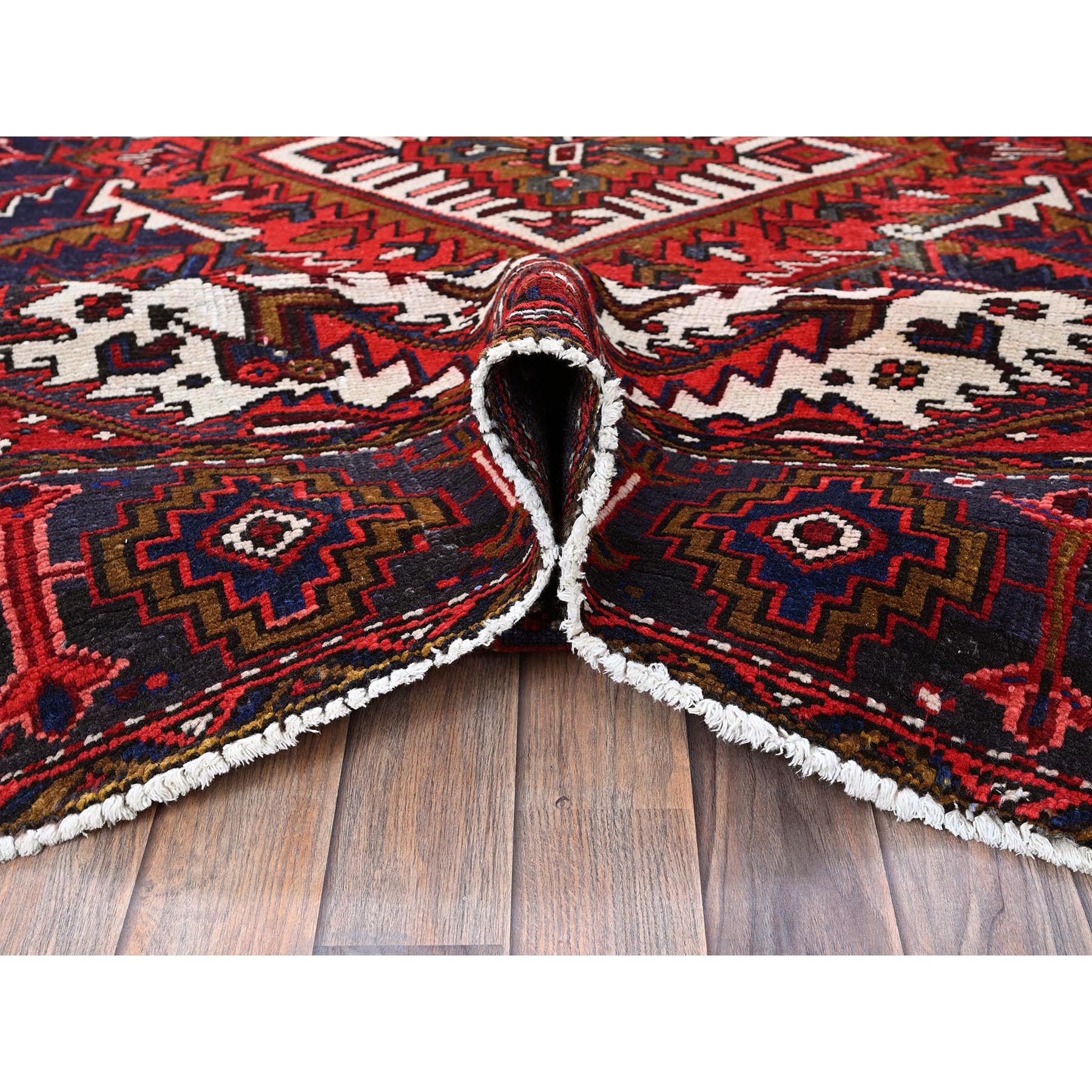 7'9"x10'4" Ajax Red, Vintage Persian Heriz with Geometric Medallion Design, Animal Figurines, 100% Wool, Hand Knotted, Shaved Down, Even Wear, Good Condition, Sides and Ends Professionally Secured, Oriental Rug Sh265