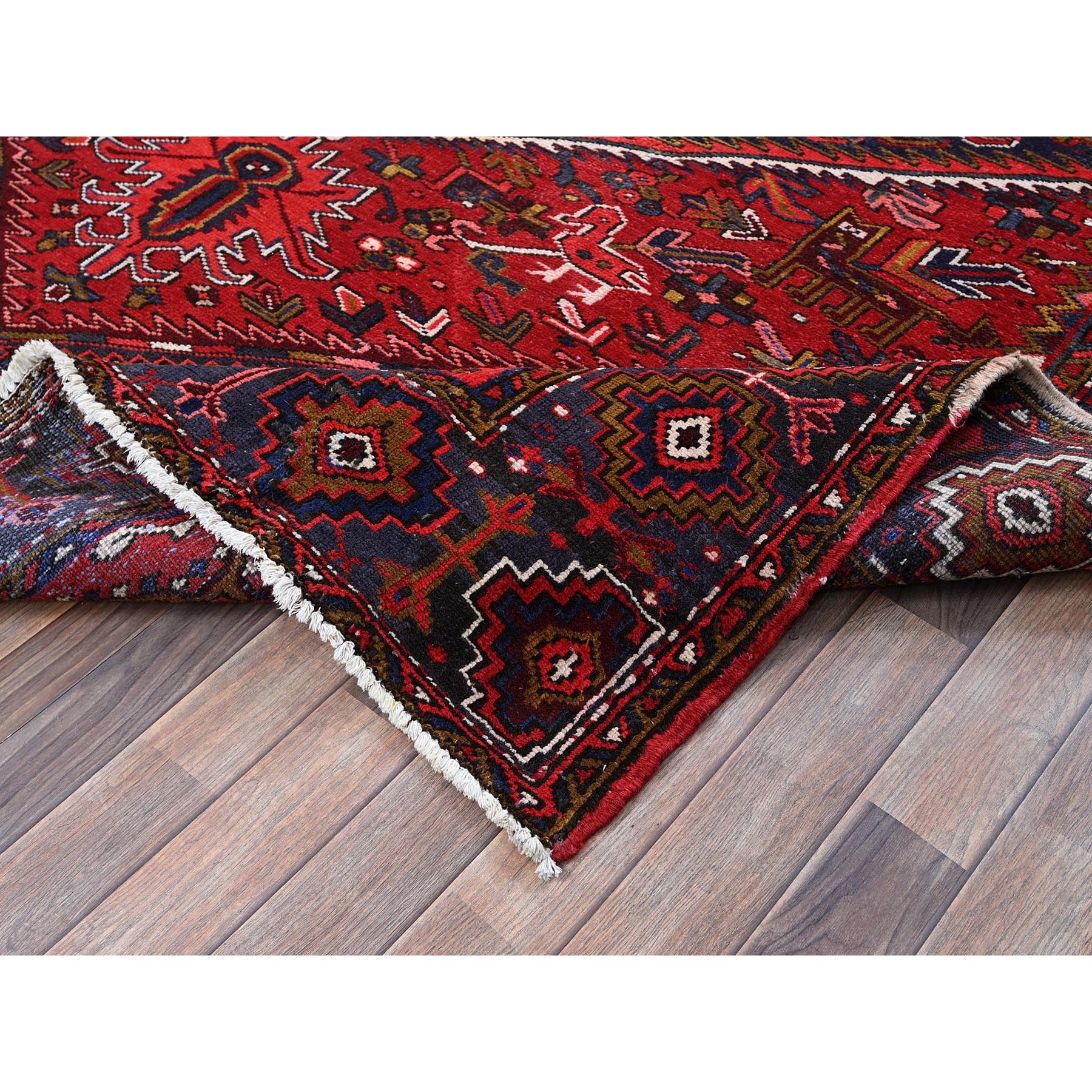 7'9"x10'4" Ajax Red, Vintage Persian Heriz with Geometric Medallion Design, Animal Figurines, 100% Wool, Hand Knotted, Shaved Down, Even Wear, Good Condition, Sides and Ends Professionally Secured, Oriental Rug Sh265