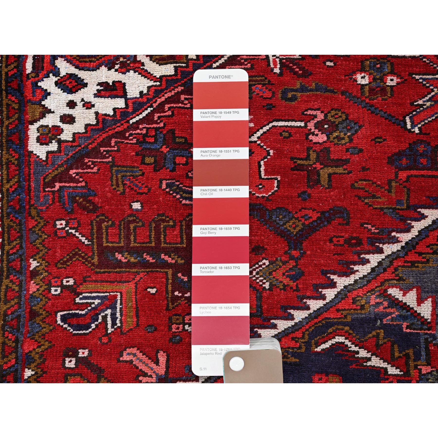 7'9"x10'4" Ajax Red, Vintage Persian Heriz with Geometric Medallion Design, Animal Figurines, 100% Wool, Hand Knotted, Shaved Down, Even Wear, Good Condition, Sides and Ends Professionally Secured, Oriental Rug Sh265
