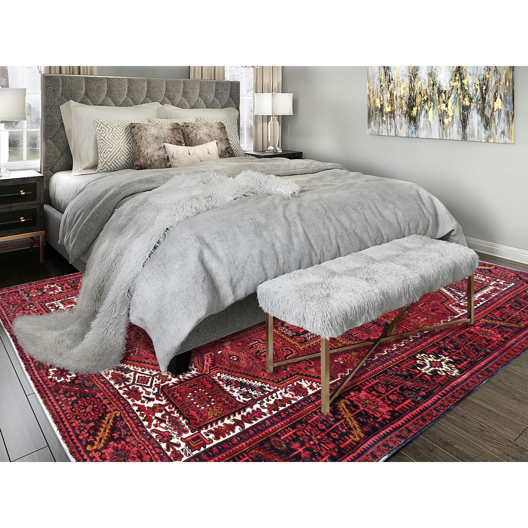 9'8"x12' Auburn Red, Vintage Persian Heriz with Geometric Medallion Design, Evenly Worn, 100% Wool, Hand Knotted, Cropped Thin, Good Condition, Sides and Ends Professionally Secured, Oriental Rug Sh266