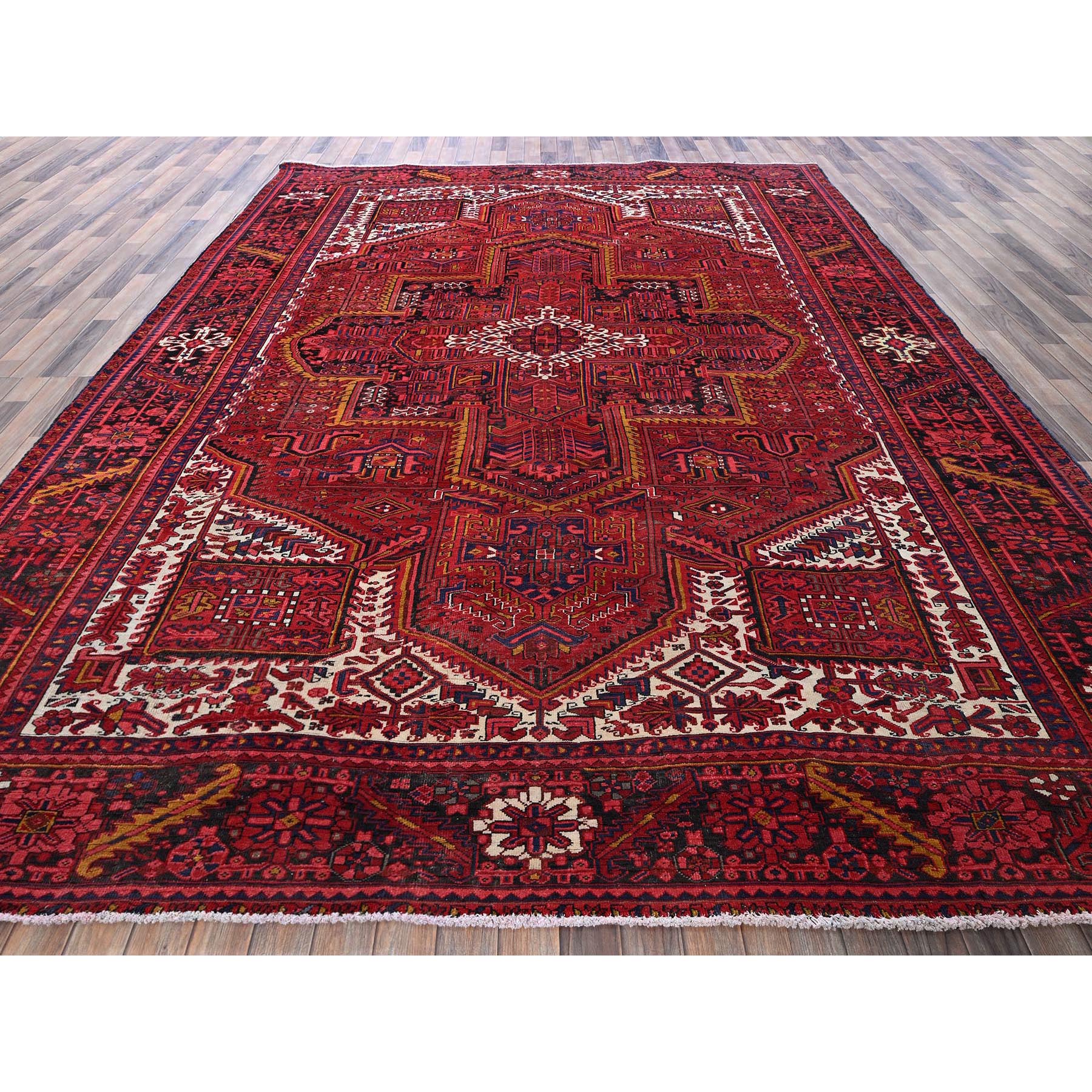 9'8"x12' Auburn Red, Vintage Persian Heriz with Geometric Medallion Design, Evenly Worn, 100% Wool, Hand Knotted, Cropped Thin, Good Condition, Sides and Ends Professionally Secured, Oriental Rug Sh266