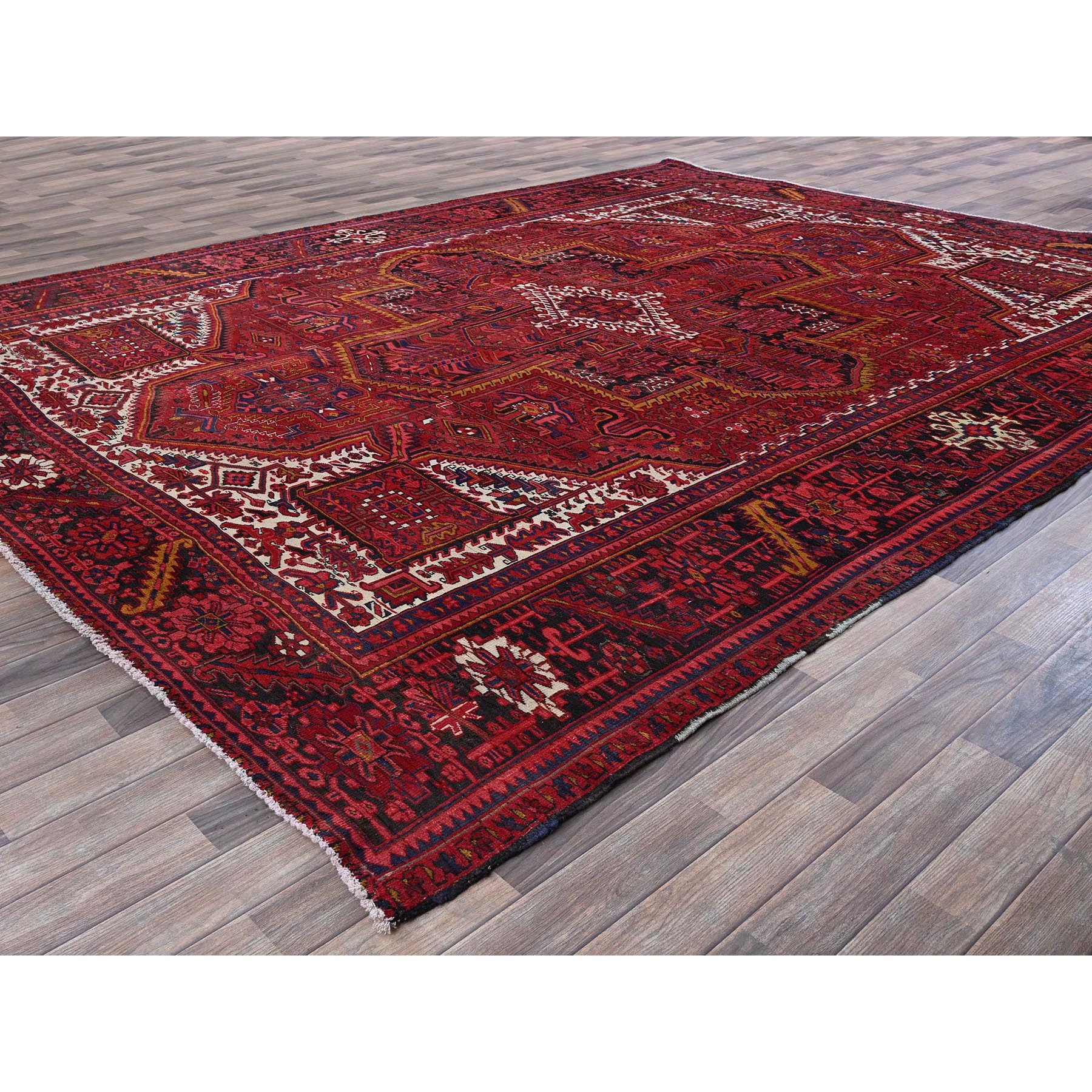 9'8"x12' Auburn Red, Vintage Persian Heriz with Geometric Medallion Design, Evenly Worn, 100% Wool, Hand Knotted, Cropped Thin, Good Condition, Sides and Ends Professionally Secured, Oriental Rug Sh266