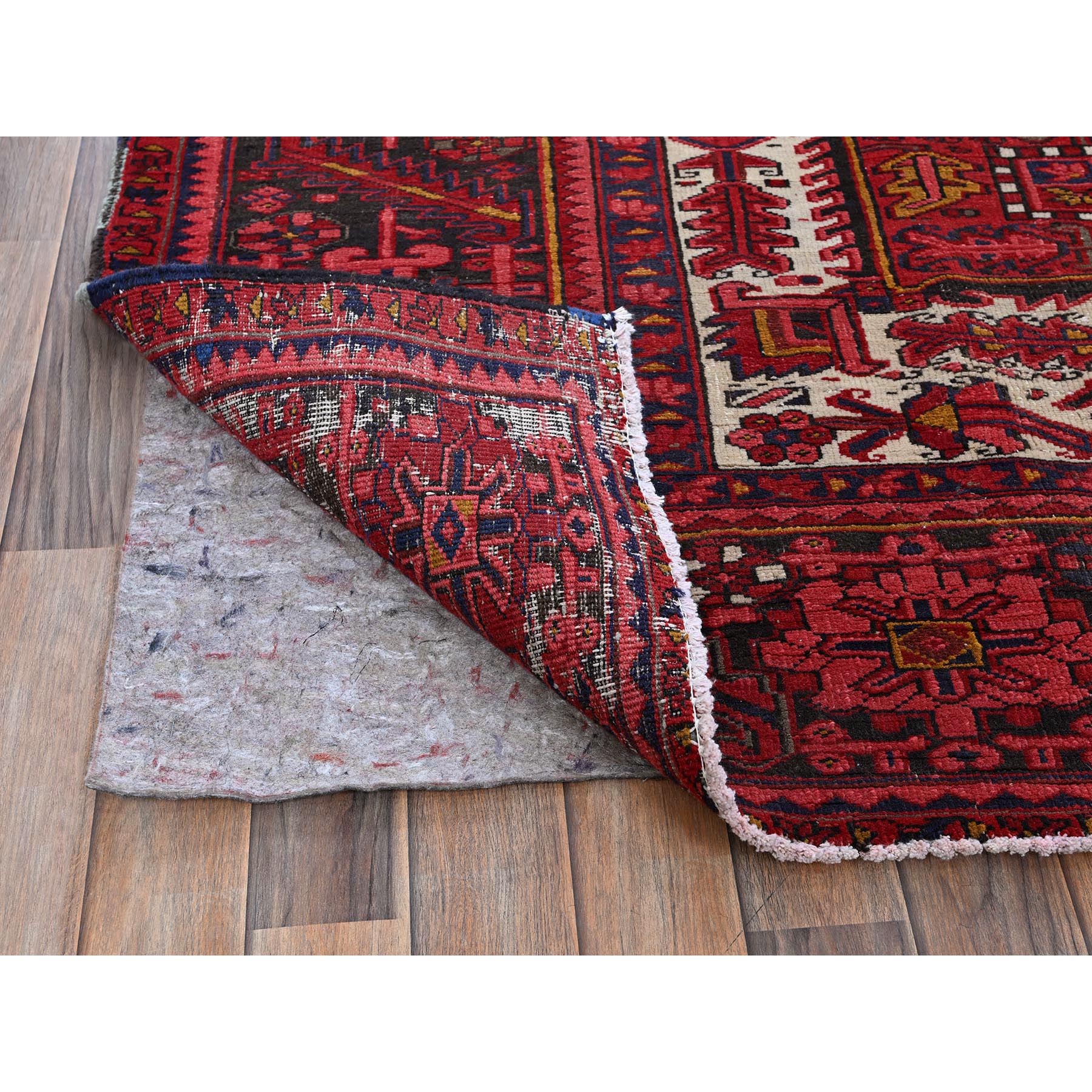 9'8"x12' Auburn Red, Vintage Persian Heriz with Geometric Medallion Design, Evenly Worn, 100% Wool, Hand Knotted, Cropped Thin, Good Condition, Sides and Ends Professionally Secured, Oriental Rug Sh266