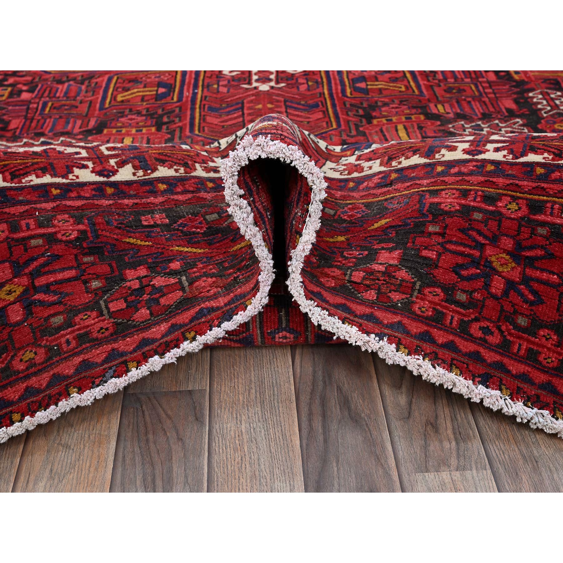 9'8"x12' Auburn Red, Vintage Persian Heriz with Geometric Medallion Design, Evenly Worn, 100% Wool, Hand Knotted, Cropped Thin, Good Condition, Sides and Ends Professionally Secured, Oriental Rug Sh266