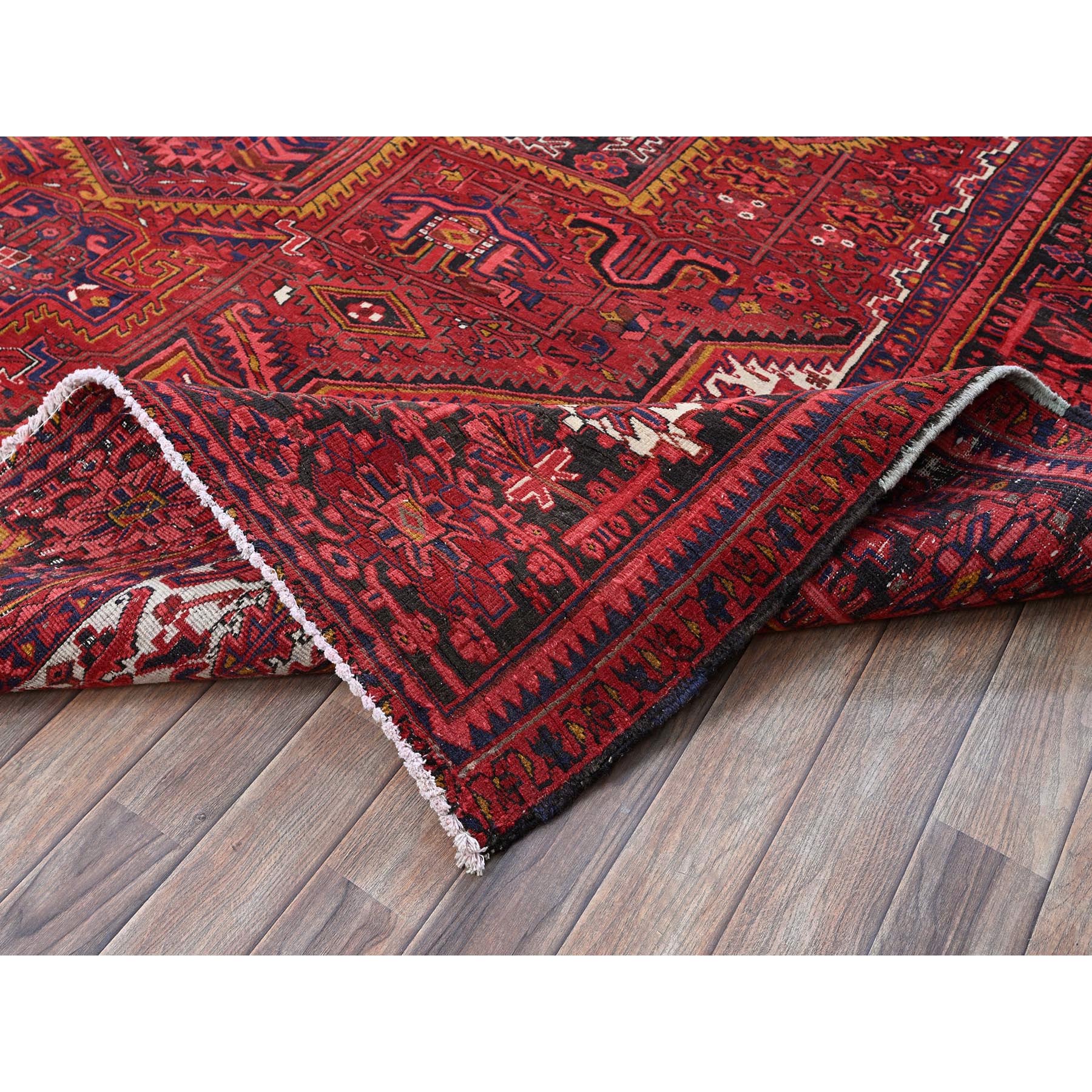 9'8"x12' Auburn Red, Vintage Persian Heriz with Geometric Medallion Design, Evenly Worn, 100% Wool, Hand Knotted, Cropped Thin, Good Condition, Sides and Ends Professionally Secured, Oriental Rug Sh266