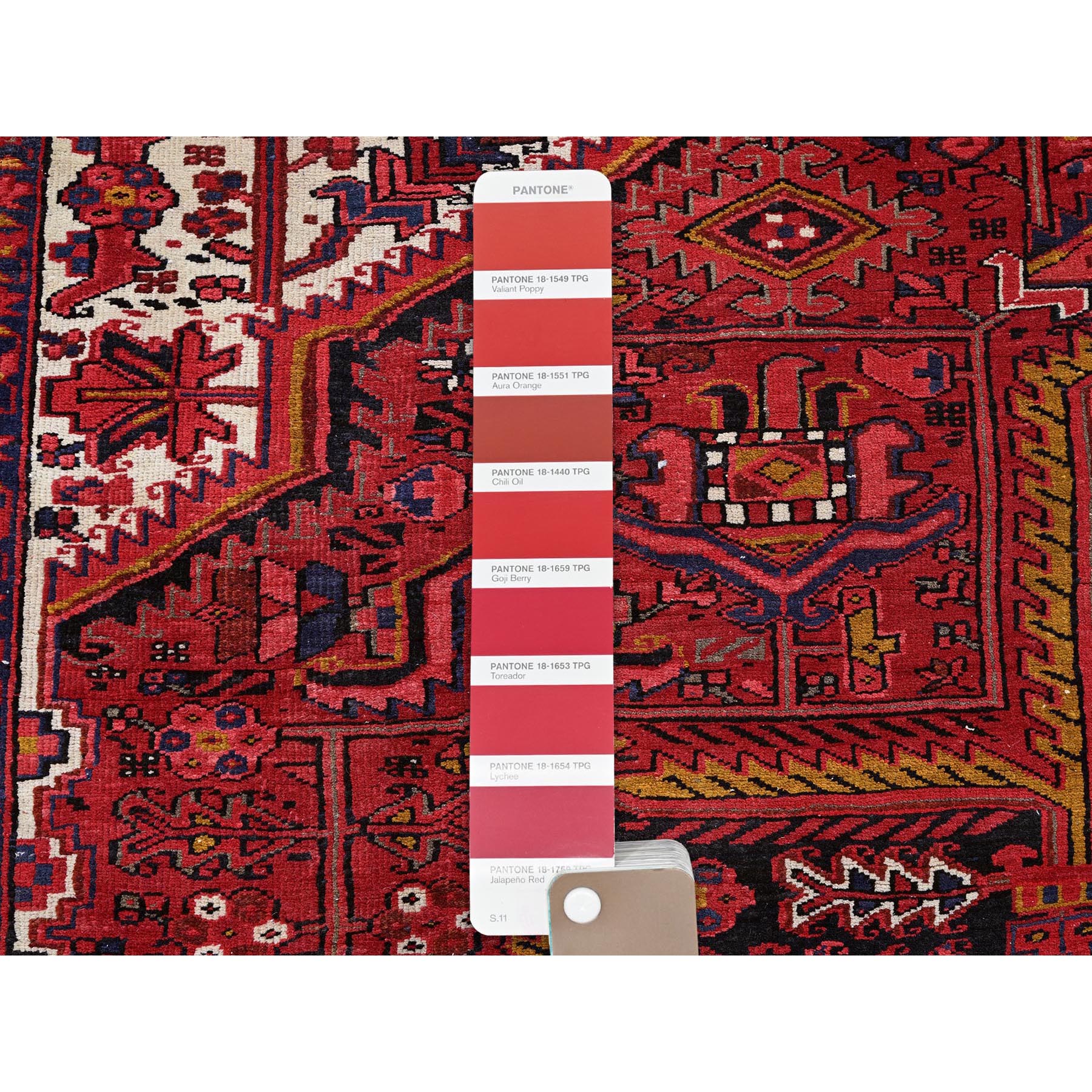 9'8"x12' Auburn Red, Vintage Persian Heriz with Geometric Medallion Design, Evenly Worn, 100% Wool, Hand Knotted, Cropped Thin, Good Condition, Sides and Ends Professionally Secured, Oriental Rug Sh266